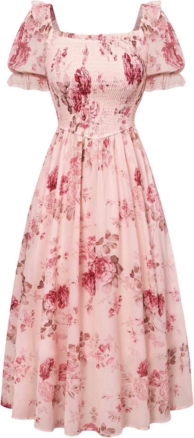 Scarlet Darkness Women's Cottagecore Dress Puff Sleeve Square Neck Flowy Smocked...