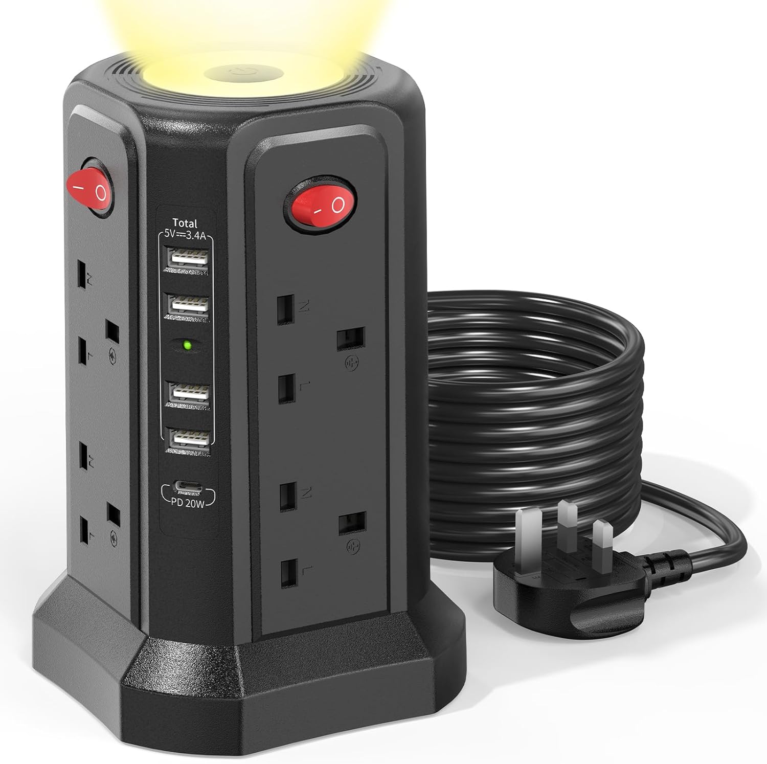 Tower Extension Lead with USB Slots 3M, 20W Fast Charger with Night Light, (13A...