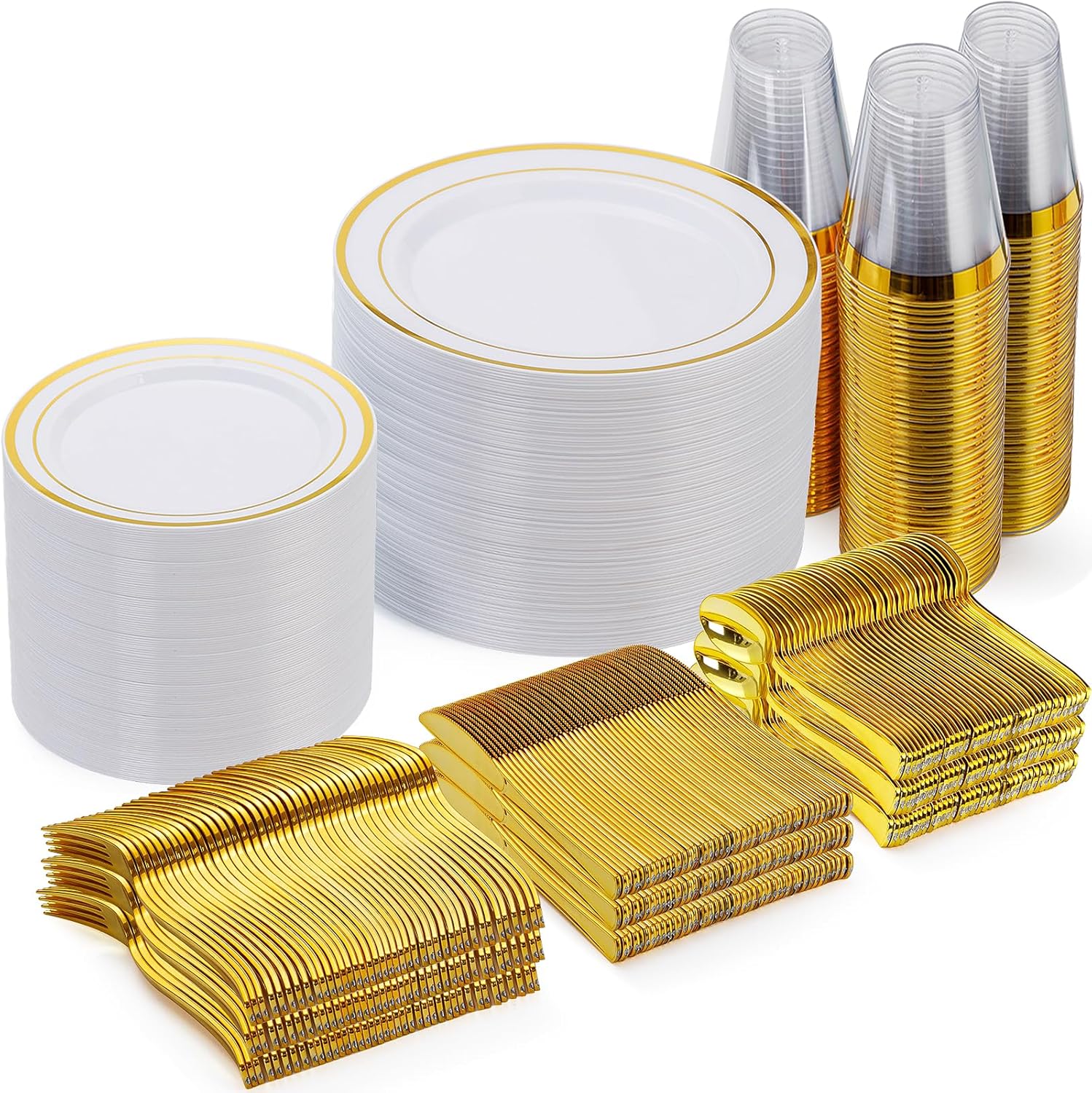 Goodluck 600 Pieces Gold Disposable Plates for 100 Guests, Plastic Plates for Pa...