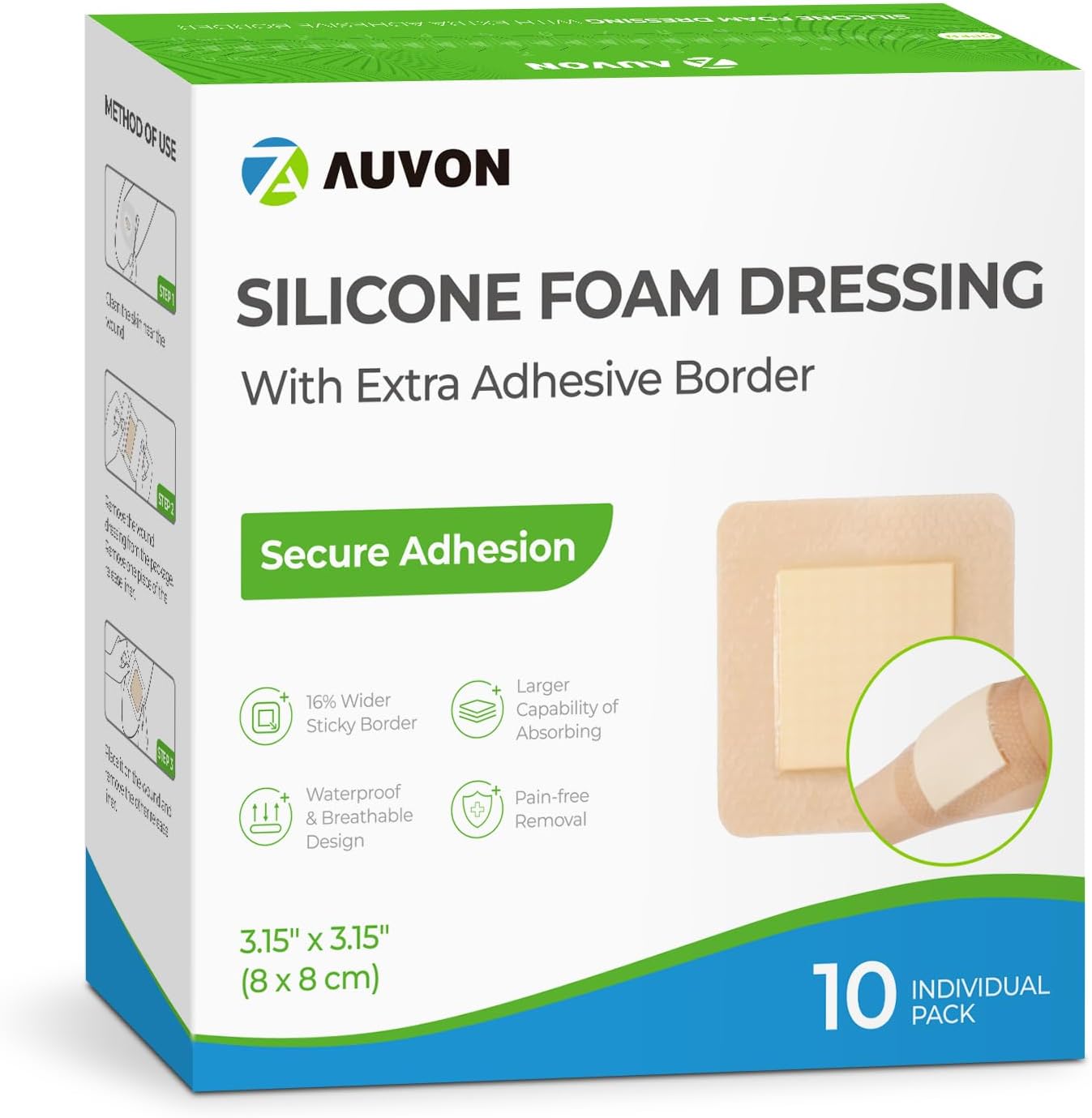 AUVON Silicone Foam Dressing with Large Adhesive Border, 3" x 3" 10 Packs Wound...