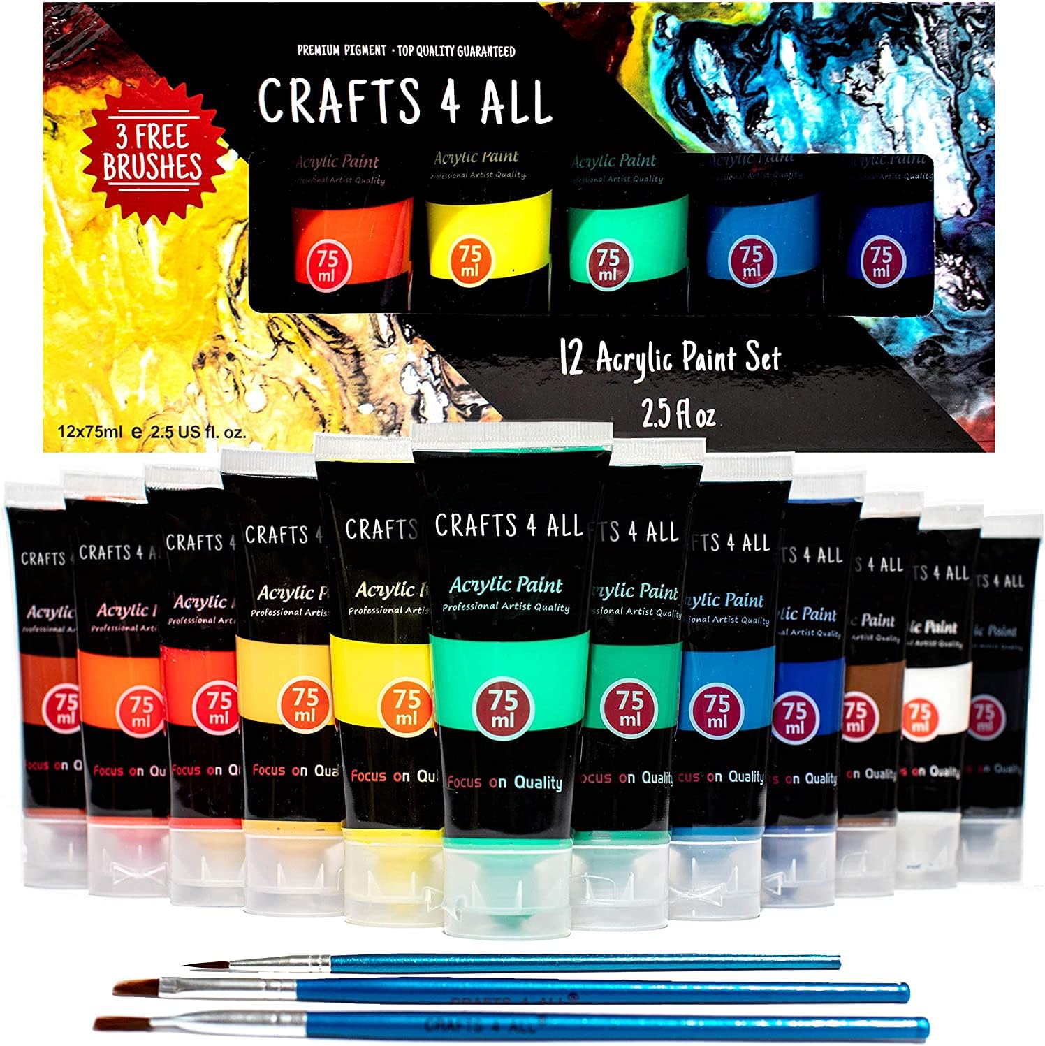 Crafts 4 All Large Acrylic Paint Set - 12 Vibrant Colors in 75ml Tubes w/ 3 Bonu...