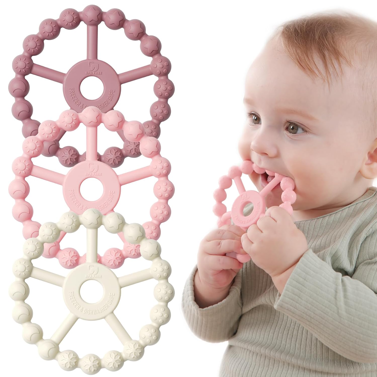 3 Pack Ring Teether Baby Infant Toys, Silicone Teething Ring Toys for Babies 0-6...