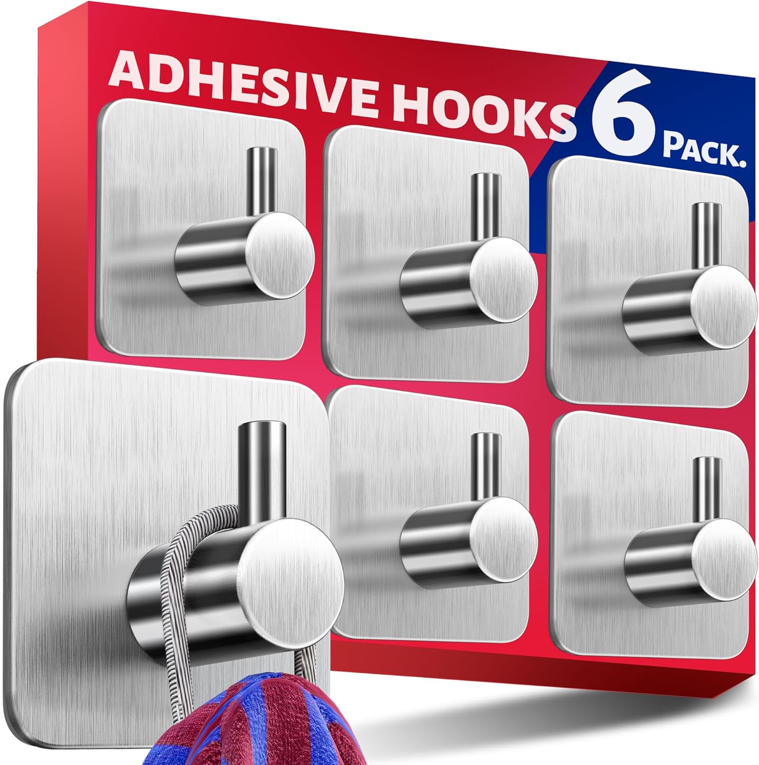 Menz Self Adhesive Hooks, Set of 6 – Stick on Hooks Stainless Steel for Heavy Du...