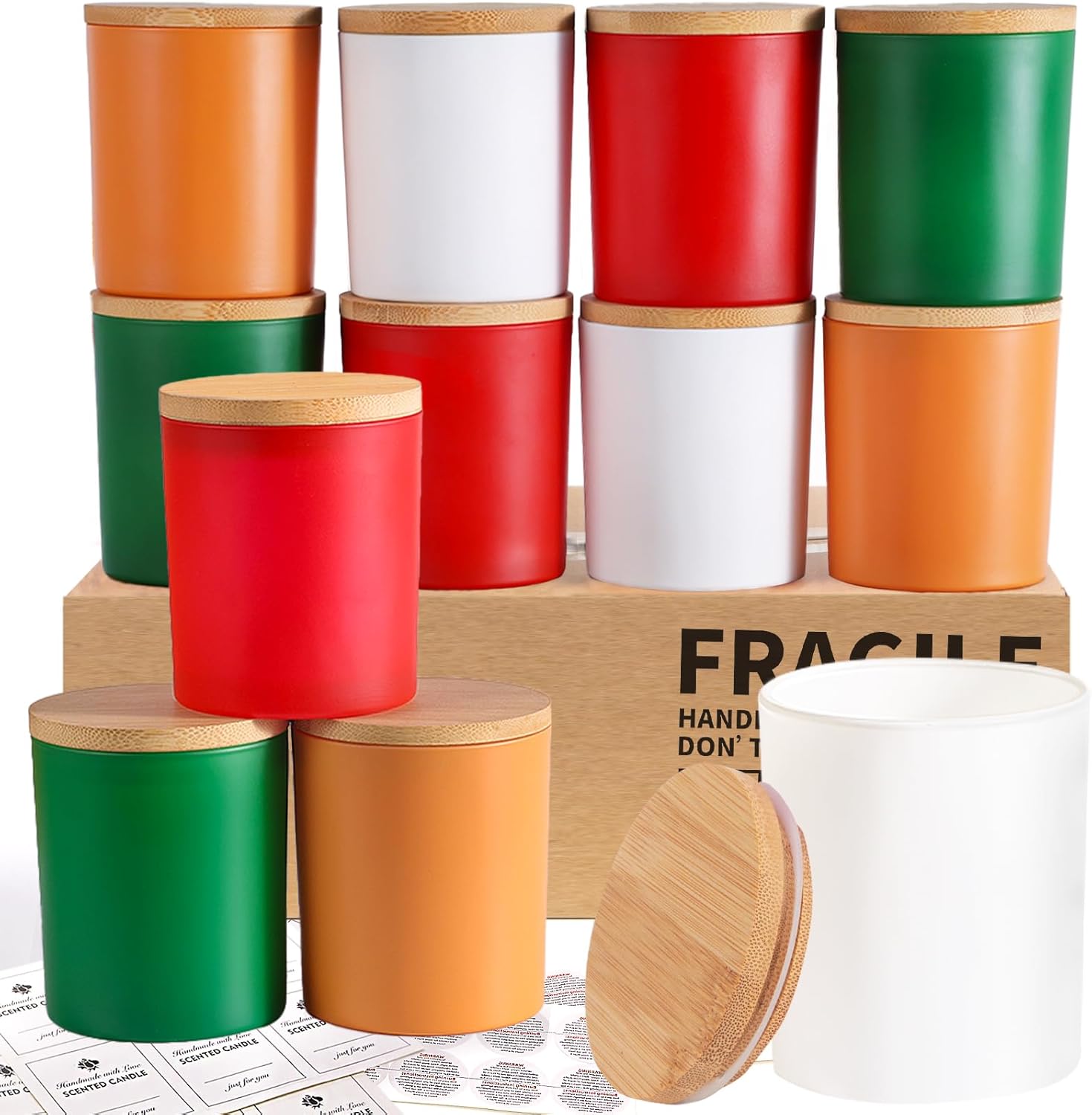 CONNOO 12 Pack 10 OZ Multi Color Glass Candle Jars with Bamboo Lids Nice Sticky...