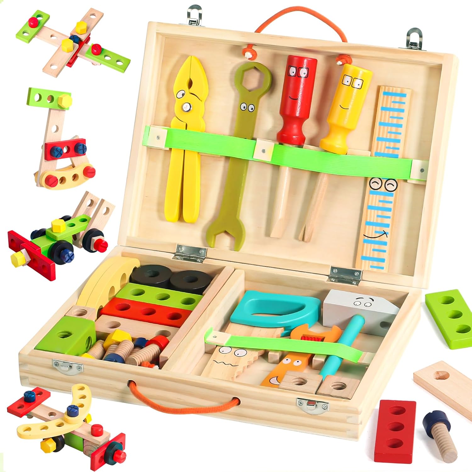 Wooden Toys Kids Tool Set-Wooden Kids Toys Tool Box Kit Construction Role Play E...