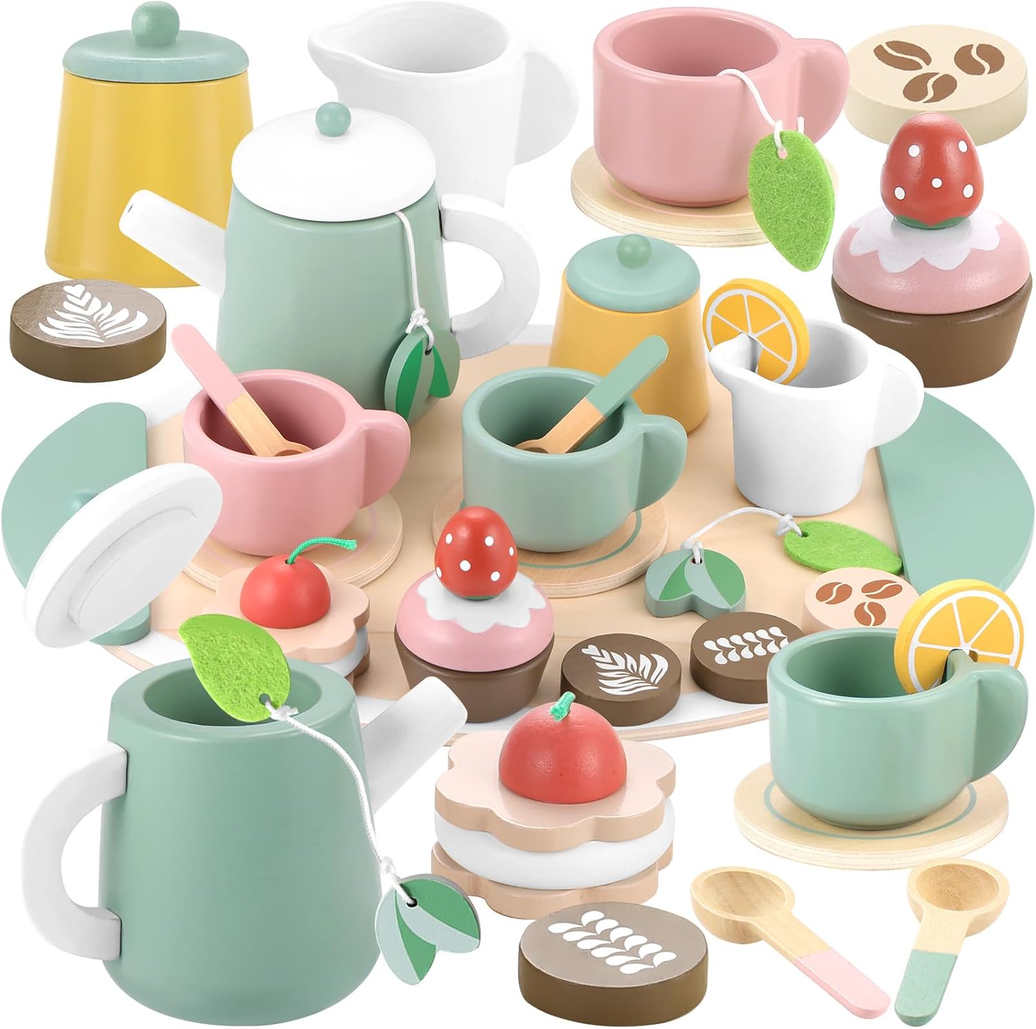 GAGAKU Wooden Tea Set for Toddlers Wood Coffee Toy Play Kitchen Accessories Pret...