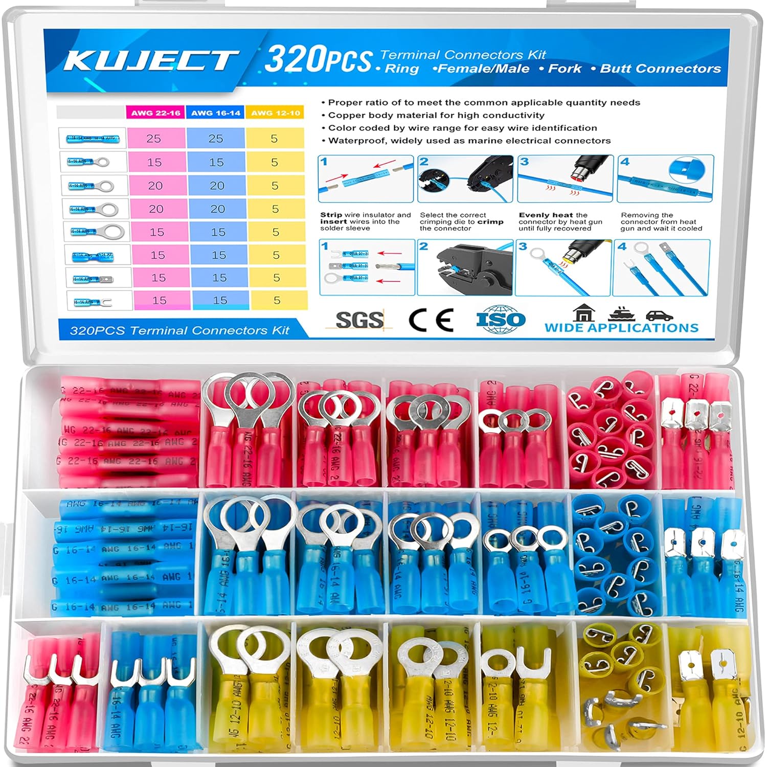 Kuject 320PCS Heat Shrink Wire Connectors Kit, Electrical Waterproof Crimp Butt...