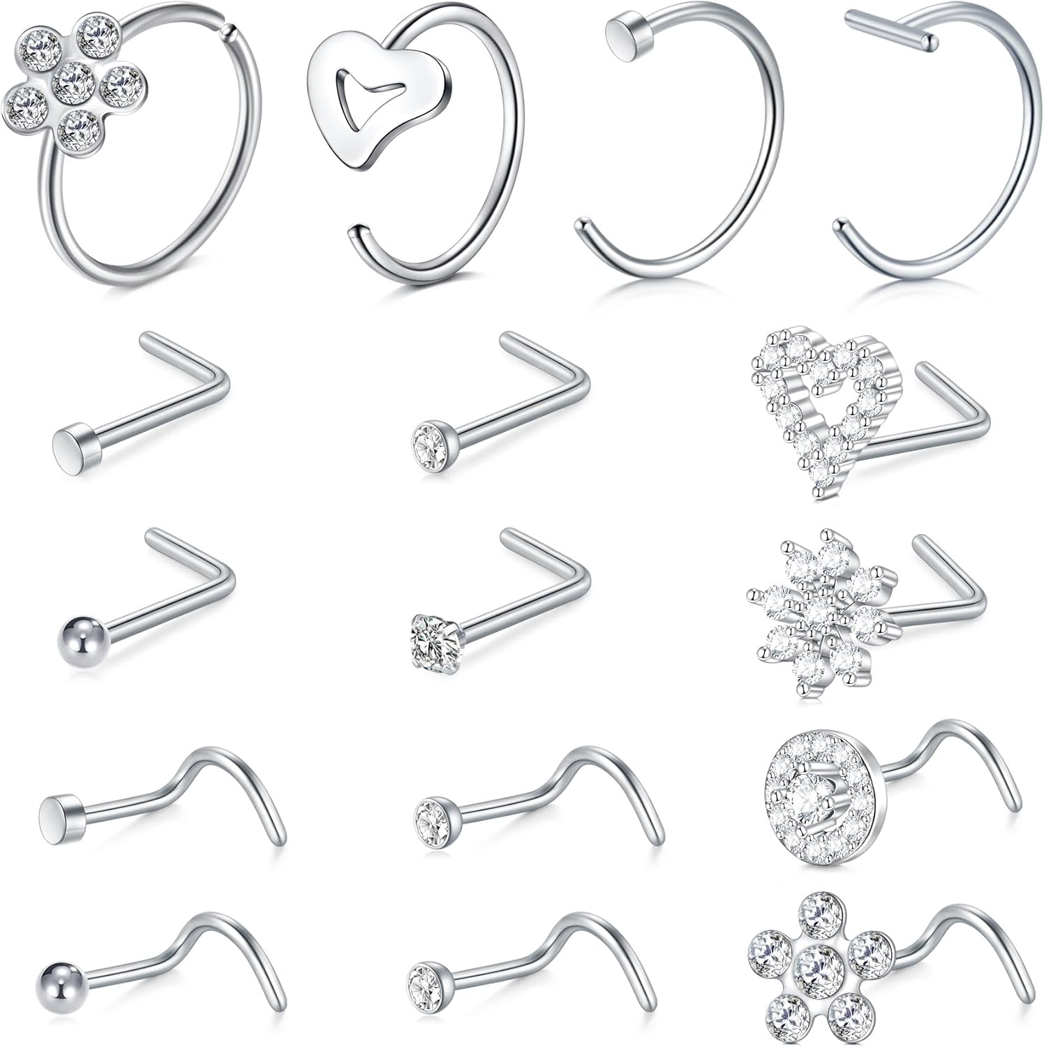VFUN 20G Nose Stud Ring Stainless Steel Diamond CZ Heart L Shaped Nose Rings for...