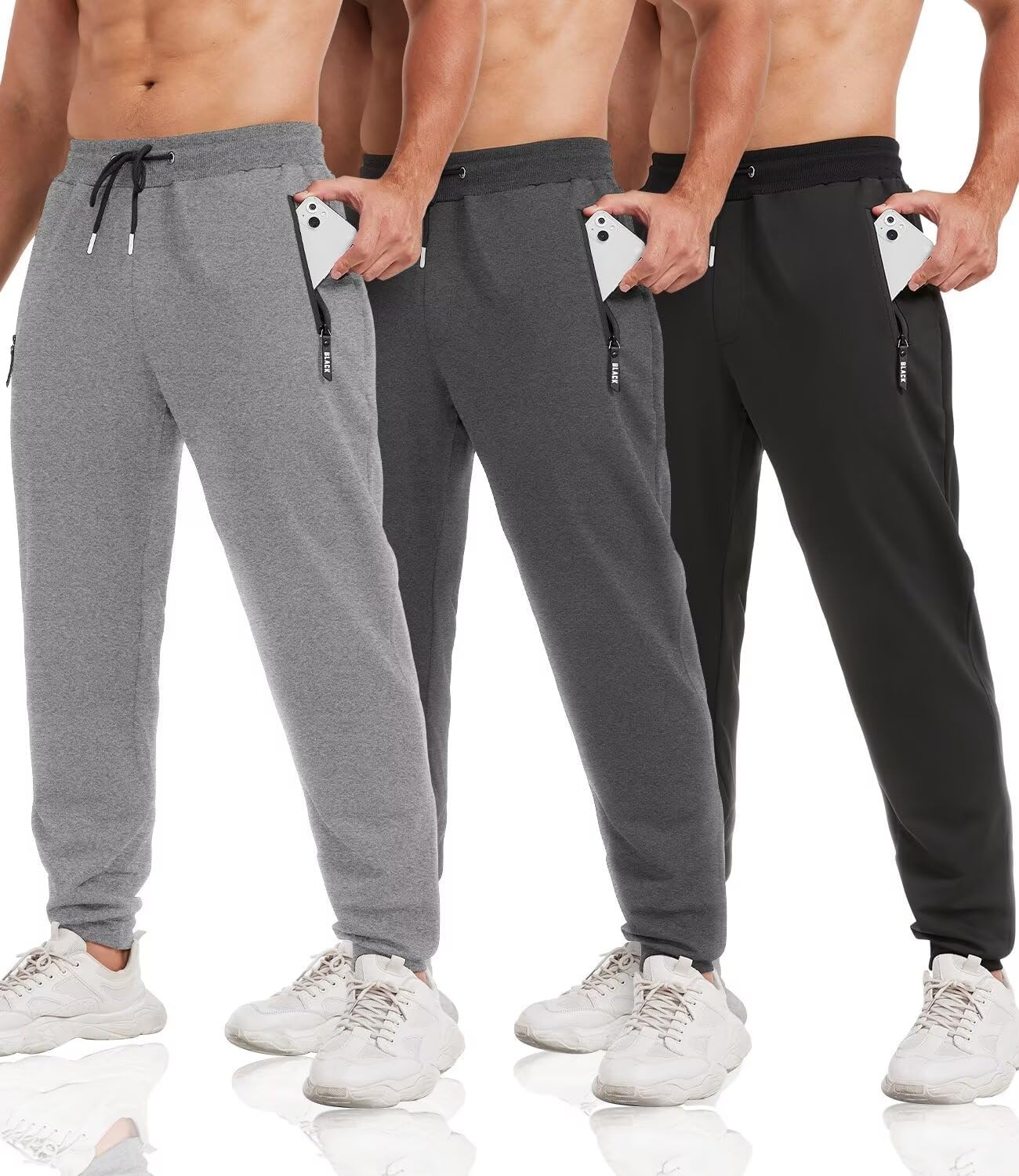 3 Pack Sweatpants for Men Tapered Mens Joggers Pants with Zip Pockets Fleece Sli...