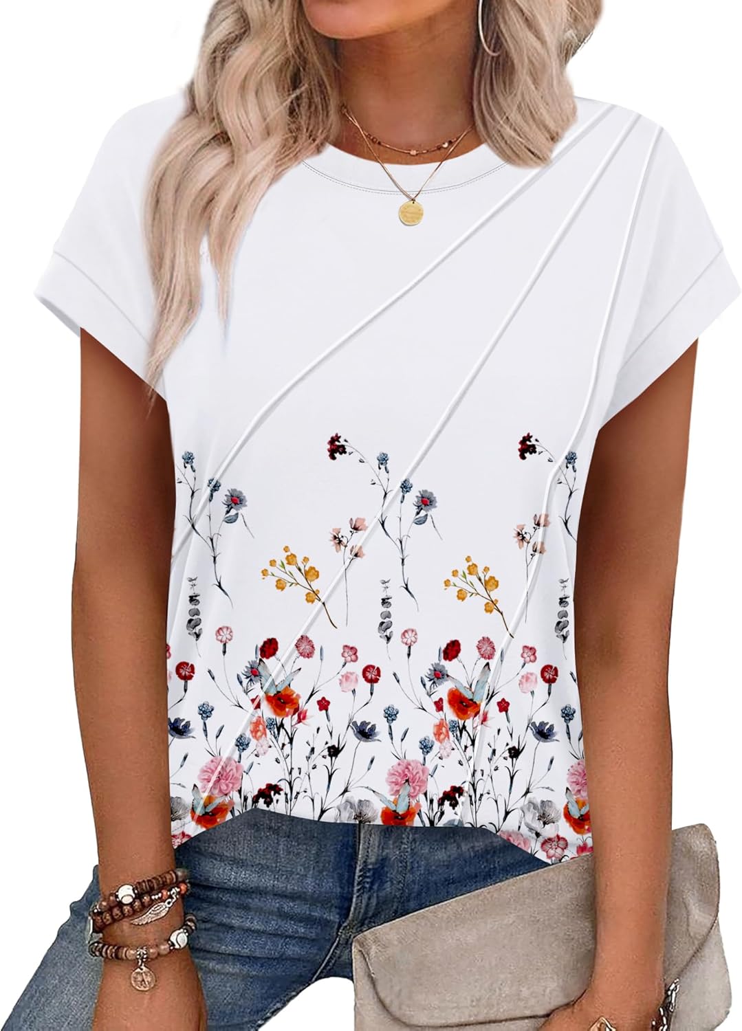 WEESO Womens Tops Summer Cap Sleeve Pleated Crewneck T Shirts Loose Fit Dressy C...