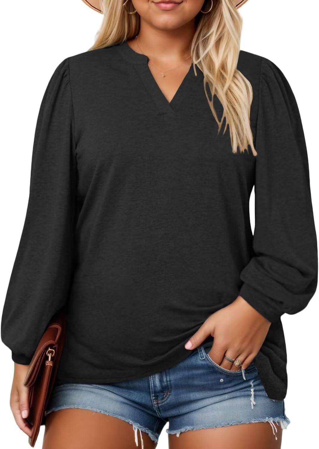 Plus-Size-Tops for Women Dressy Puff Lantern Long Sleeve Shirts Cute Notch V Nec...