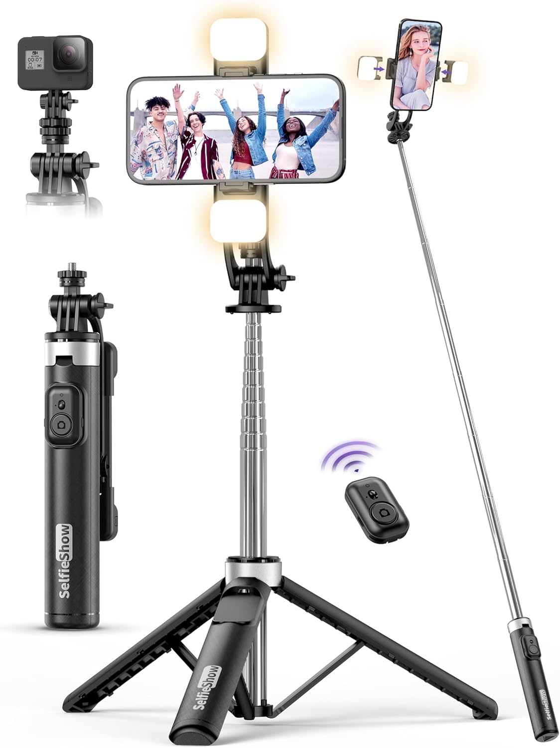 53'' Selfie Stick Tripod with Light, Extendable Selfie Stick with Remote, Portab...