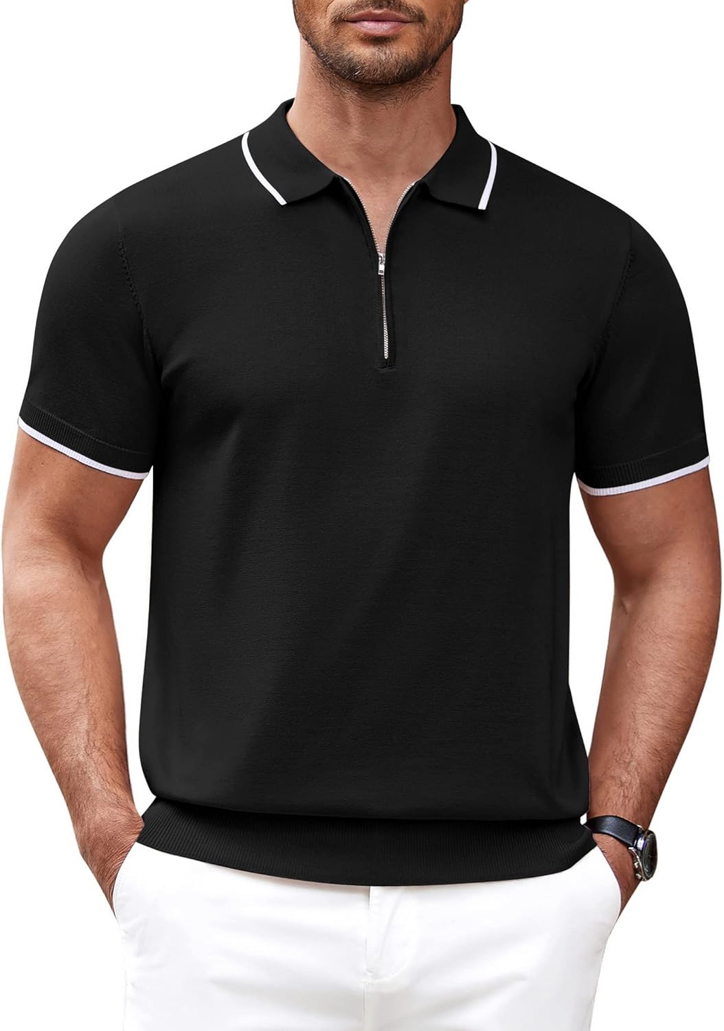 COOFANDY Men's Zipper Polo Shirt Casual Knit Short Sleeve Polo T Shirt Classic F...
