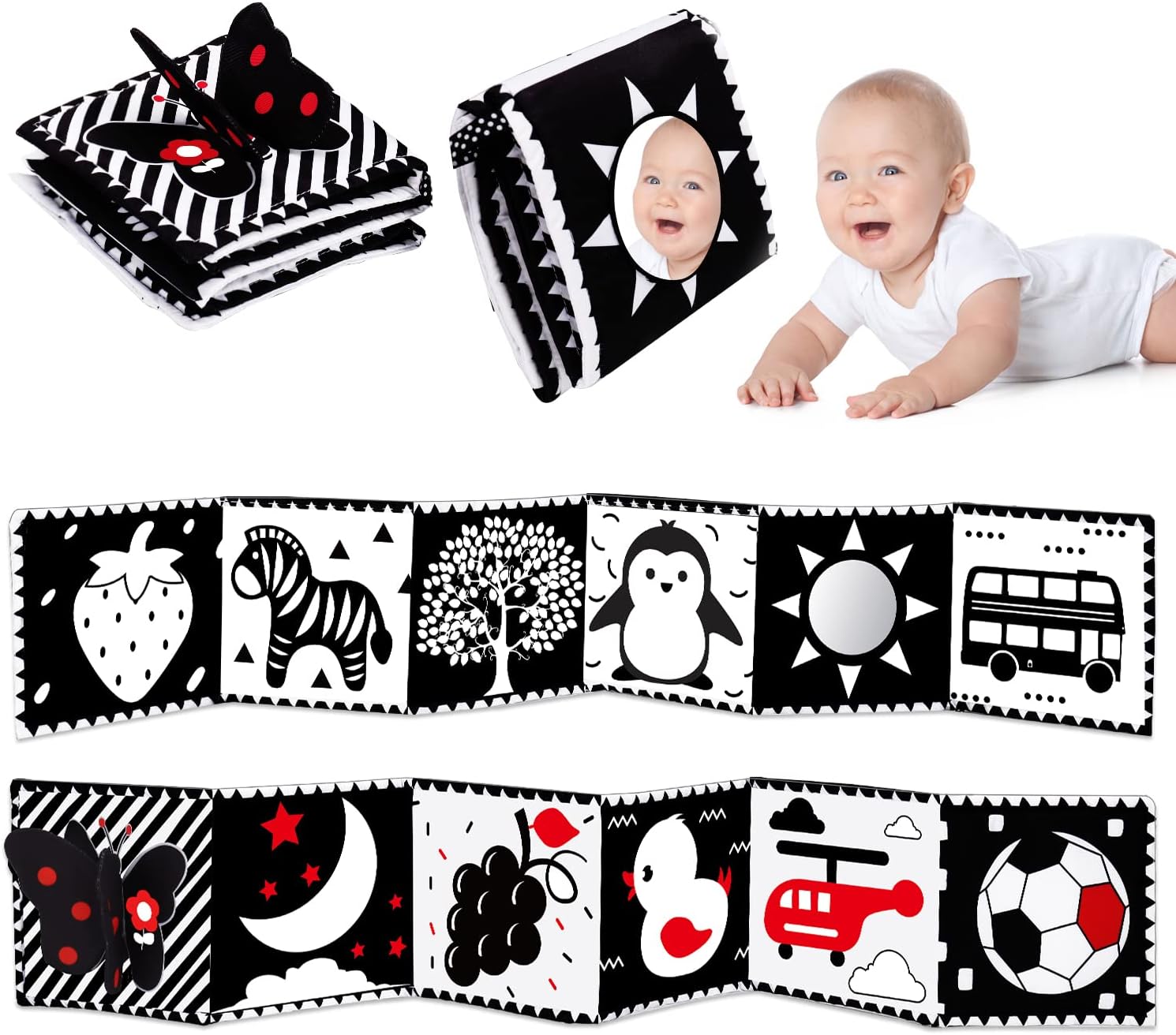 Black and White High Contrast Baby Toys 0-6 6-12 Months Soft Book for Newborn Br...