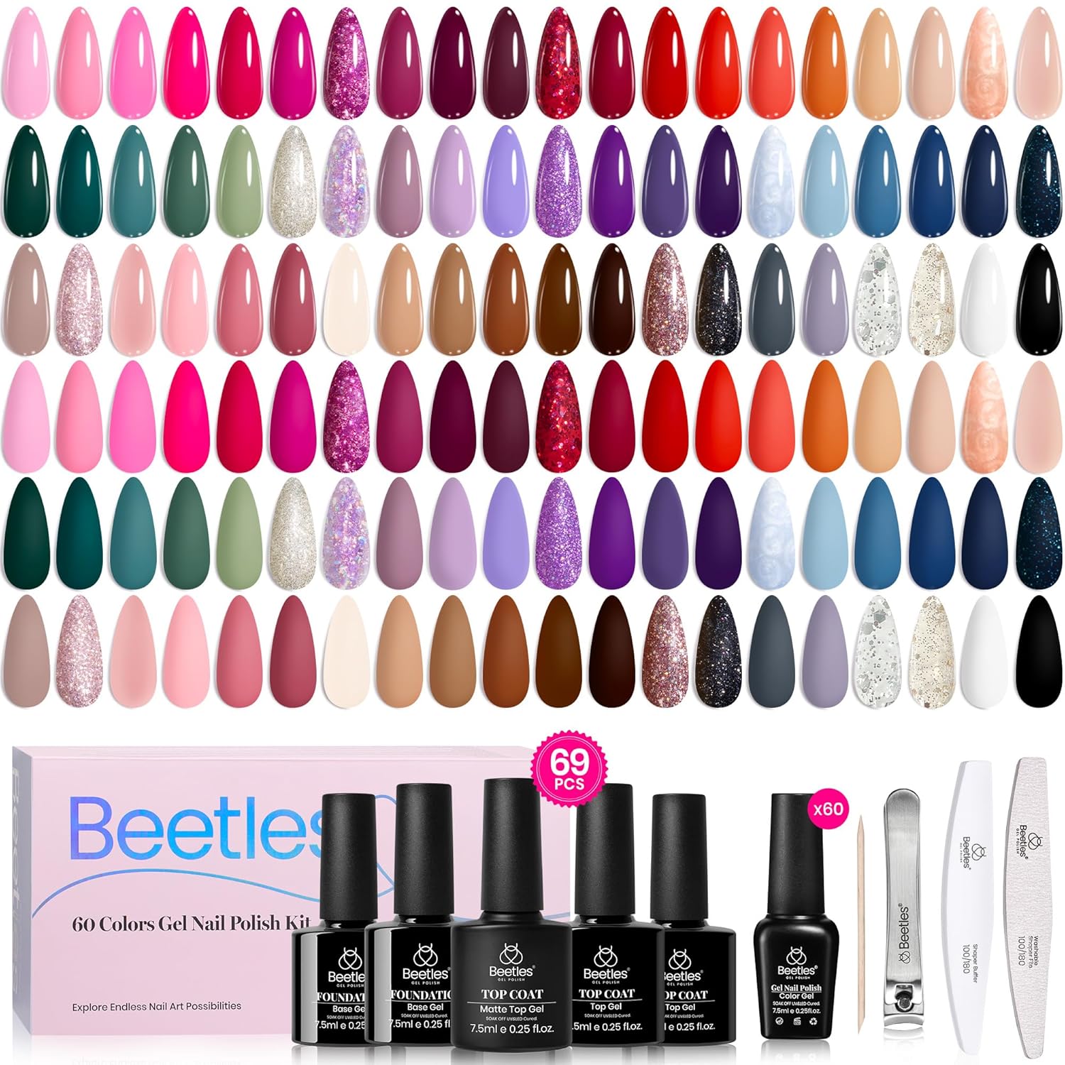 Beetles 60 Colors Gel Nail Polish Set, Spring Summer Red Brown Glitter Blue Gel...