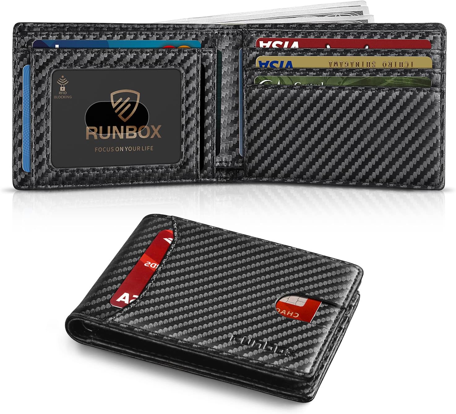 RUNBOX Wallet for Men Slim 11 Credit Card Holder Slots Leather RFID Blocking Sma...