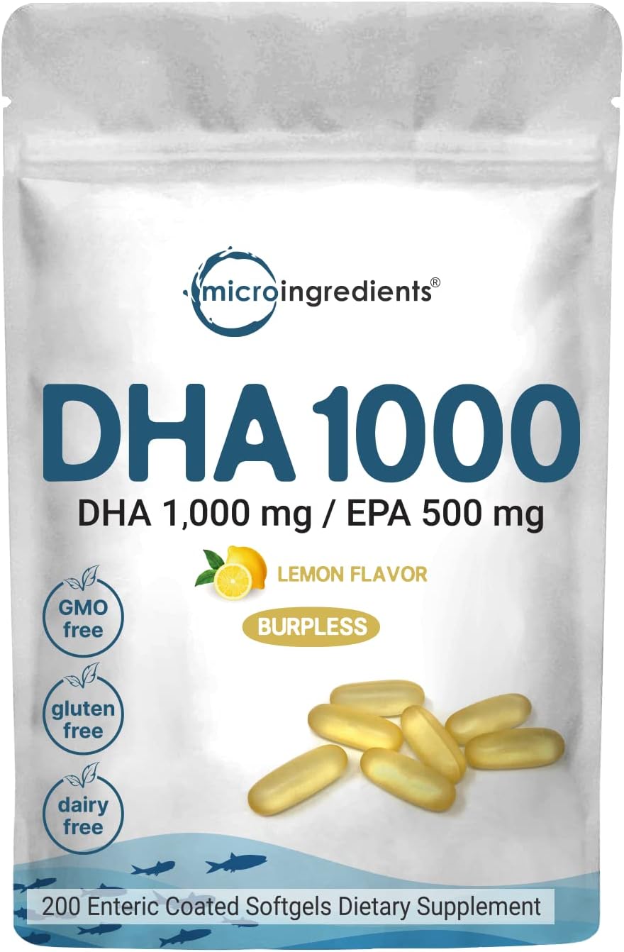 Omega 3 Fish Oil DHA Supplements 1000mg with EPA 500mg, 200 Softgels – Lemon Fla...