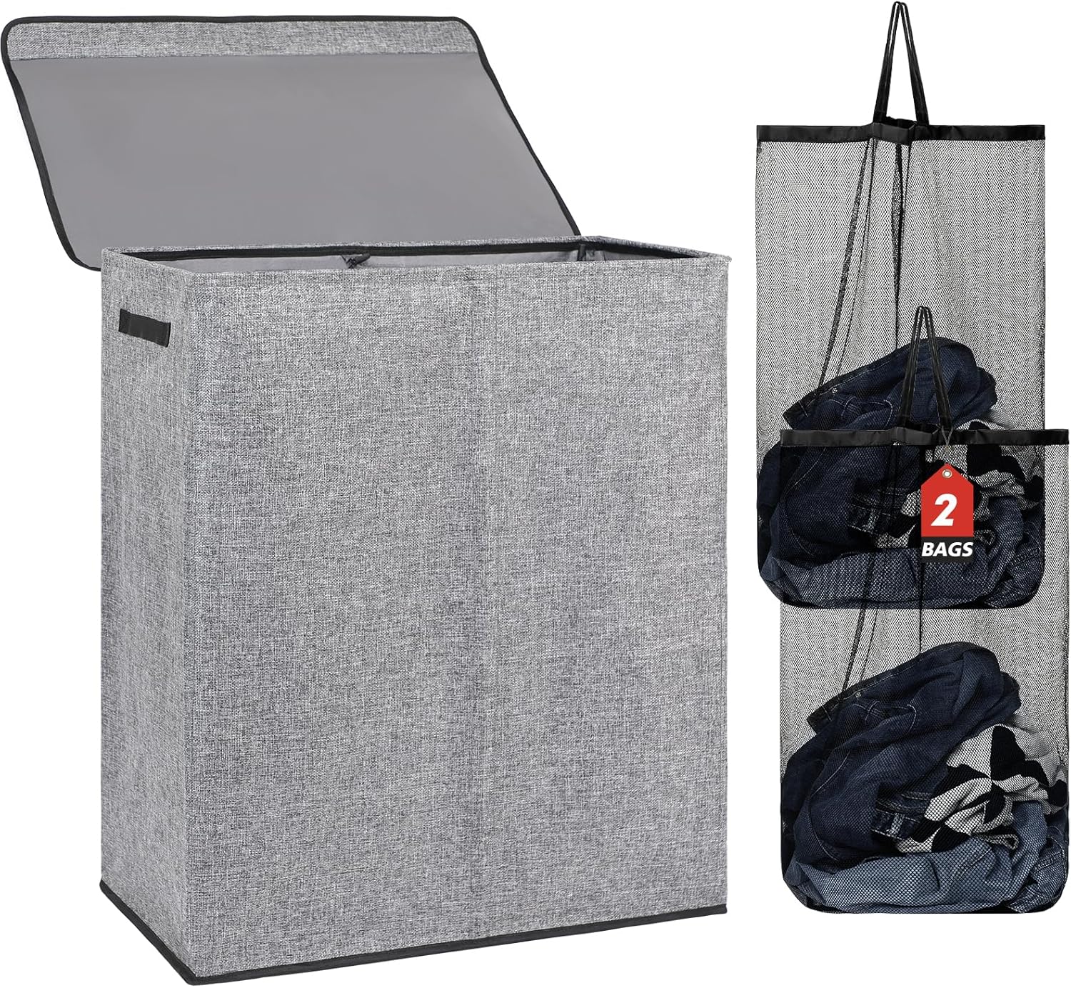 DOKEHOM 150L Double Laundry Basket with Lid and Removable Laundry Bags, Large Co...