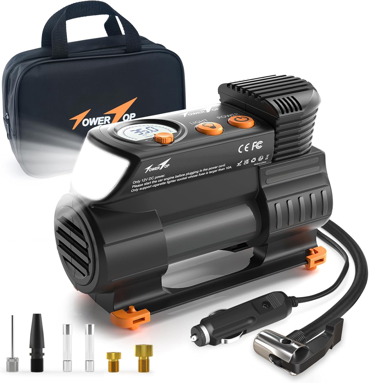 TowerTop Tyre Inflator Air Compressor: 2X Faster Heavy Duty Car Tyre Pump Portab...