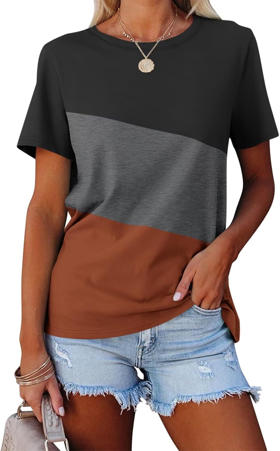Minetom Women's T Shirts Short Sleeve Color Block/Solid Tops Casual Summer Tees...