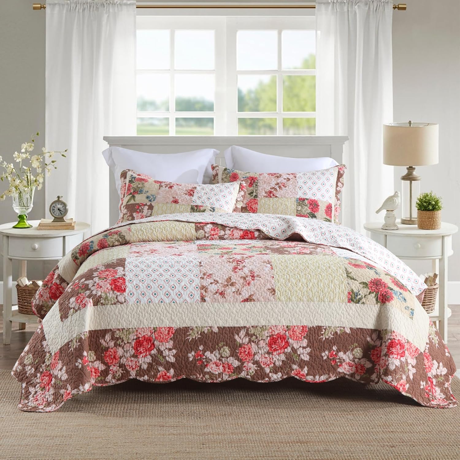 NEWLAKE Cotton Patchwork Bedspread, 3-Piece Bedding Quilt Set with Real Stitched...