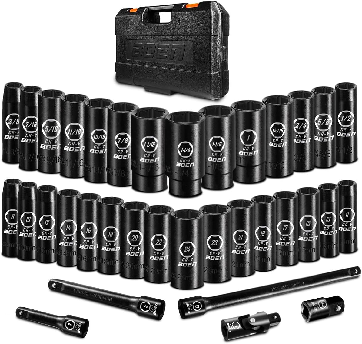 BOEN 35PCS 1/2” Drive Impact Socket Set, Deep SAE(3/8"-1-1/4") & Metric(8-24mm)...