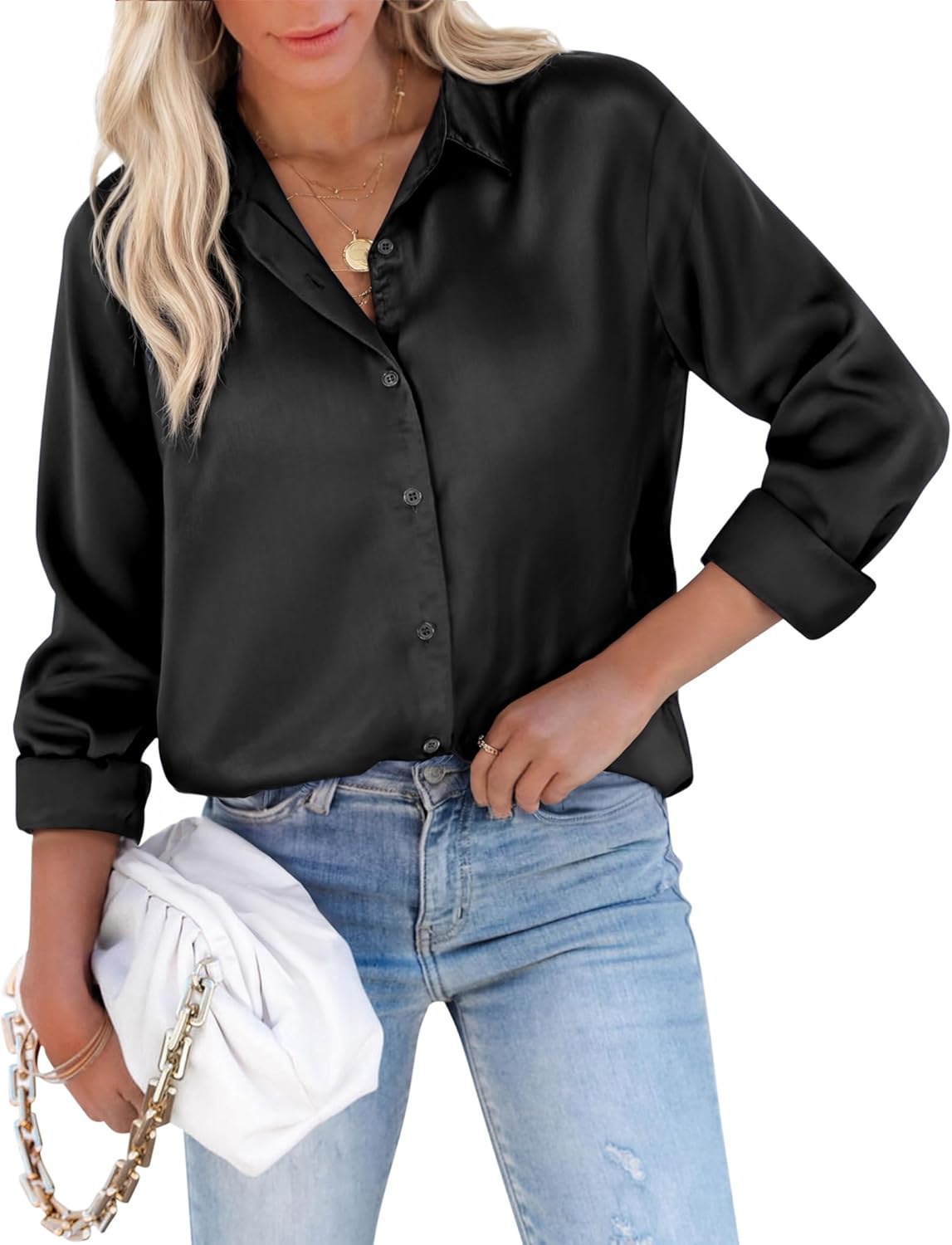 siliteelon Satin Blouses for Women Silk Button Down Shirts Casual Long Sleeve Sh...