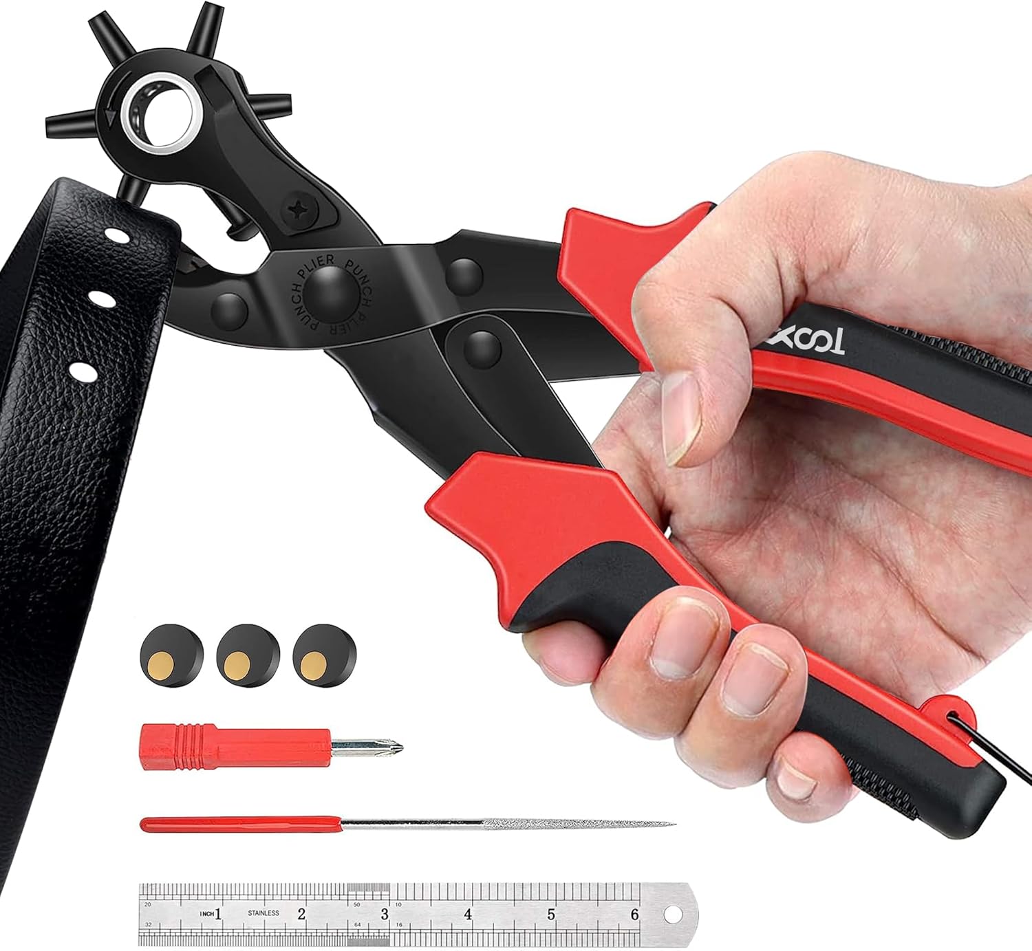 XOOL Leather Hole Punch Plier, Heavy Duty Rotatable Belt Hole Puncher with 6 Dif...