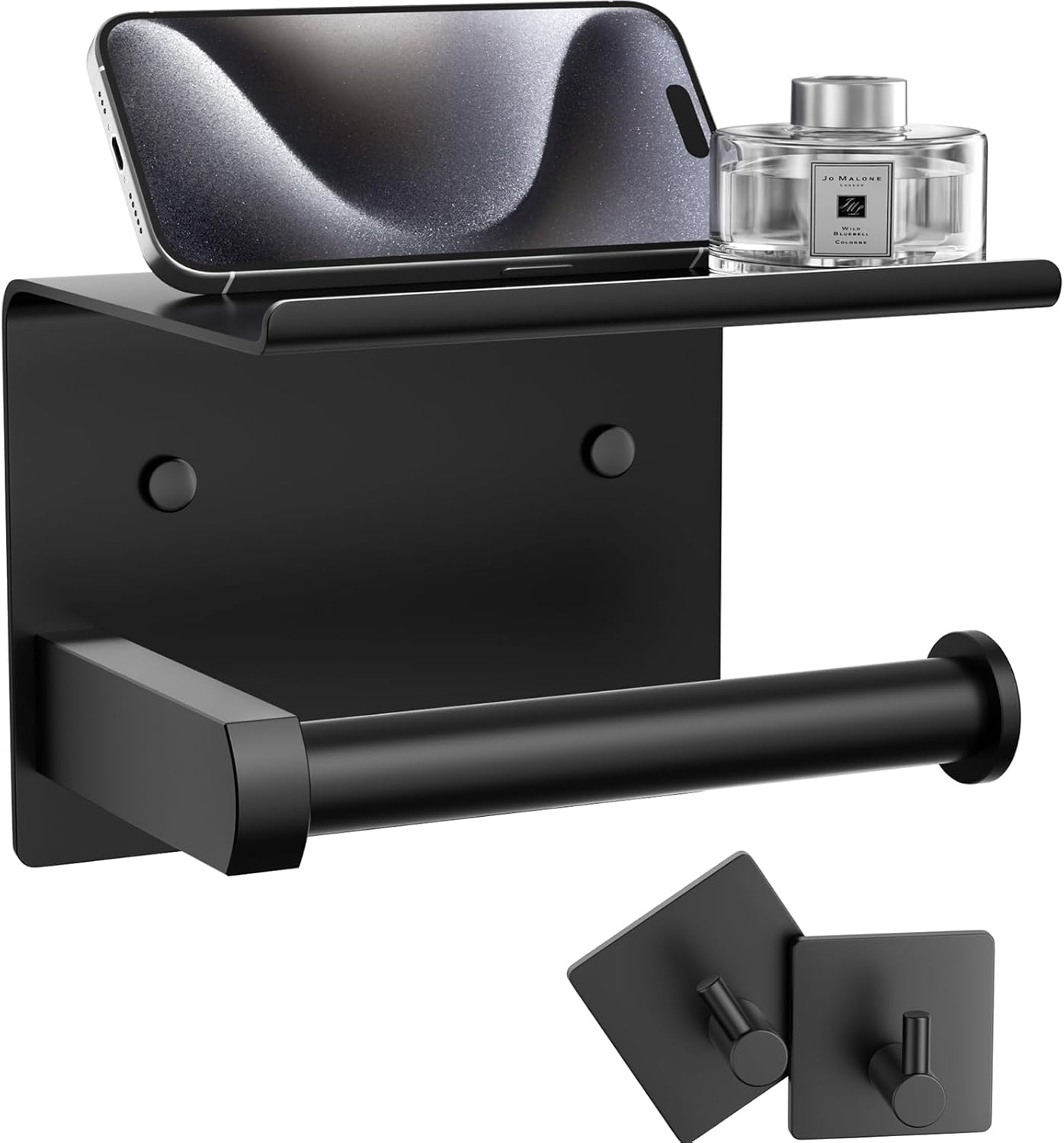 Tindbea Toilet Paper Holder with Phone Shelf + Towel Robe Hooks, Adhesive or Scr...