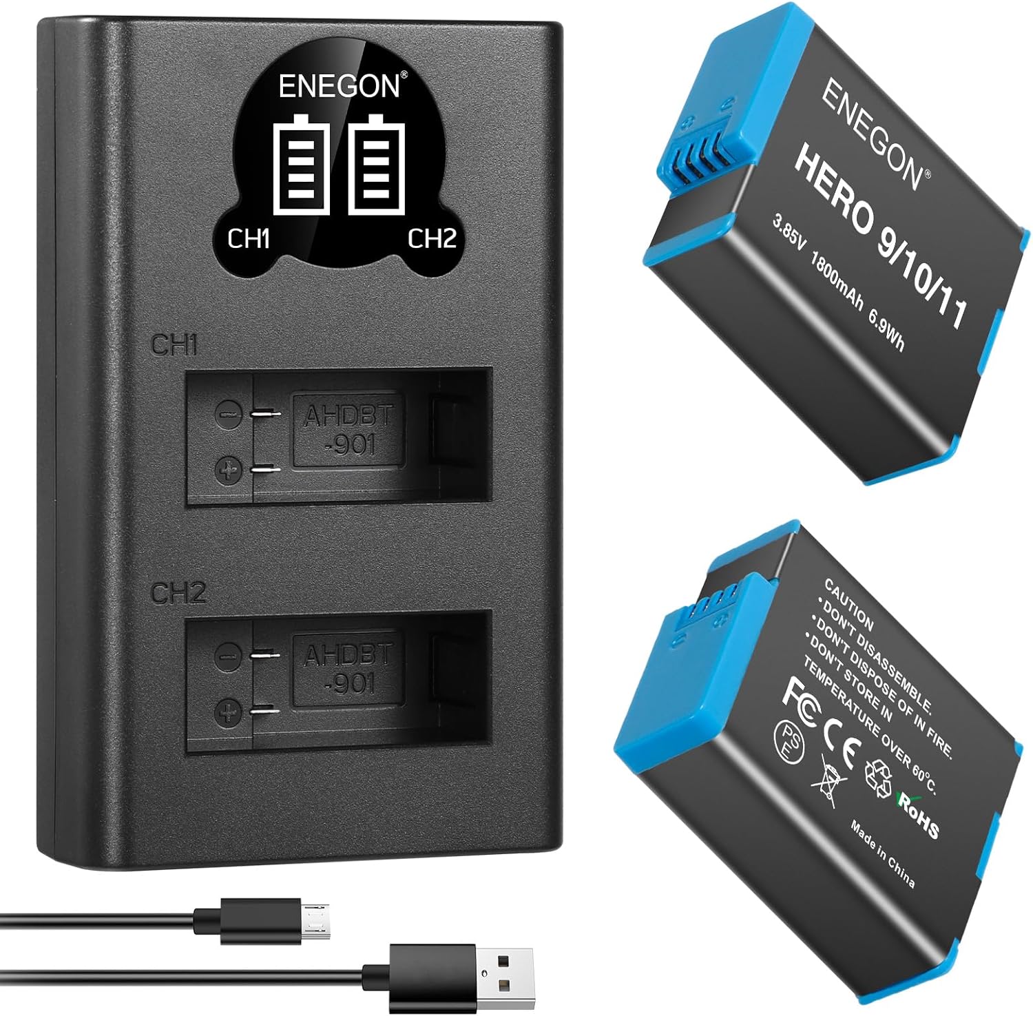 ENEGON Hero 12 11 10 9 Battery 1800mAh 2 Pack Rechargeable Li-Ion Battery and Du...