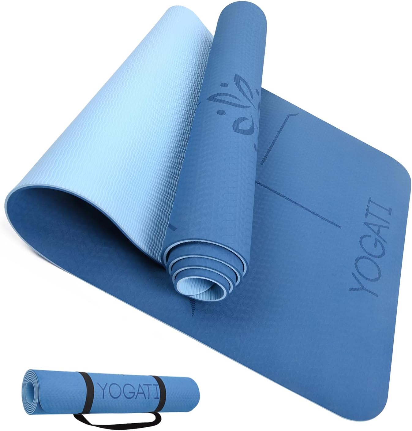 Non Slip Yoga Mats with Strap - Pilates & Exercise Mat for Home Workout Blue