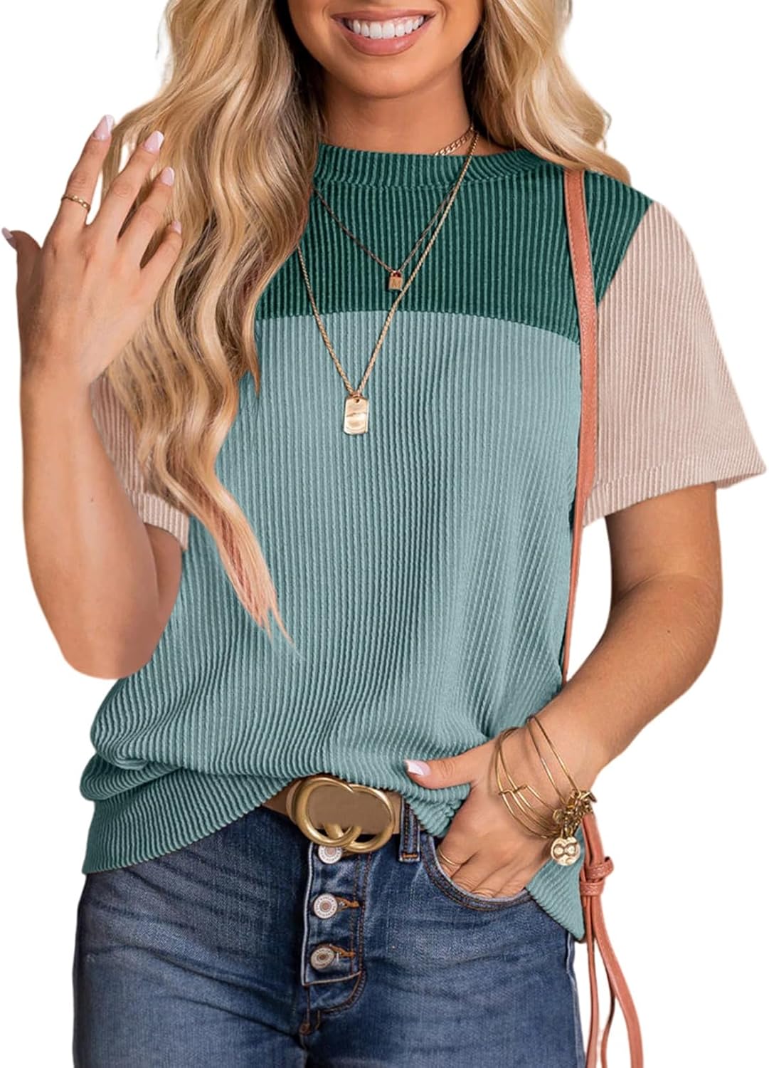 Dokotoo Womens Color Block Fashion Short Sleeve Crewneck Knitted Spring Summer C...