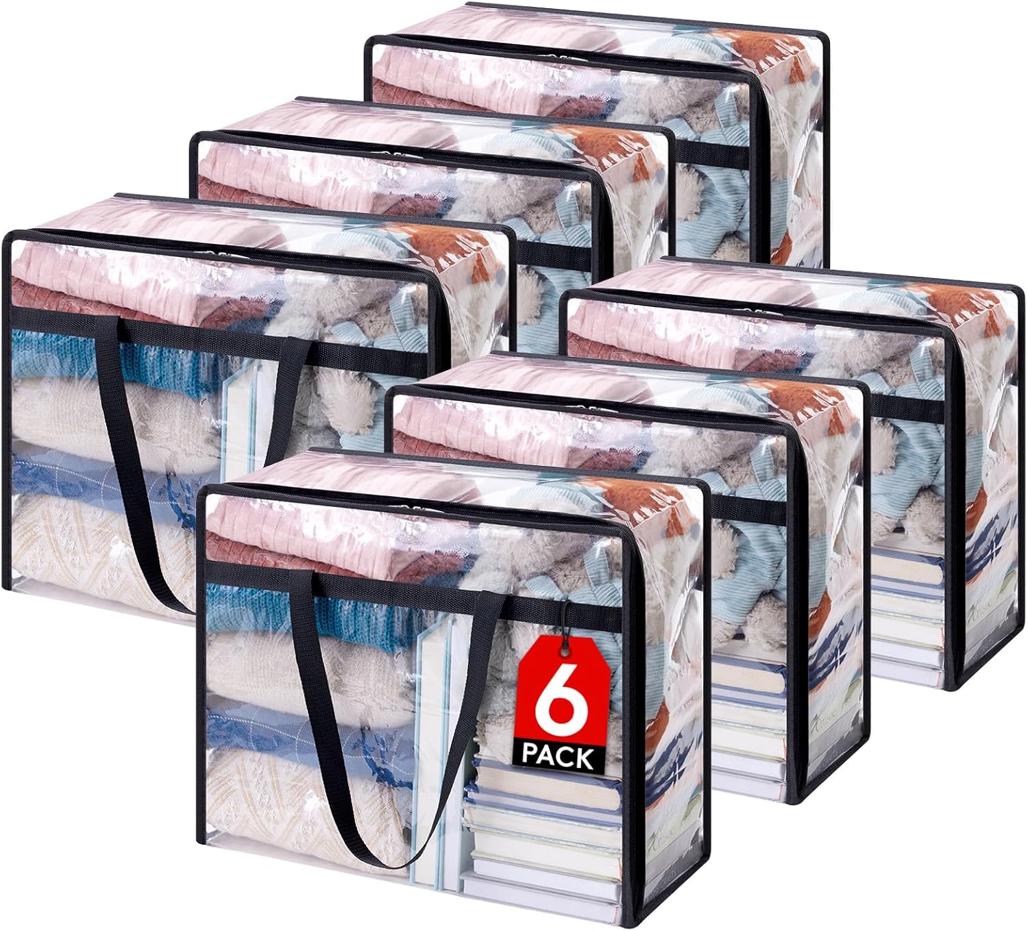 Lifewit 6 Pack Clear Plastic Storage Bags, 40L Foldable Clothes Storage Boxes Wa...