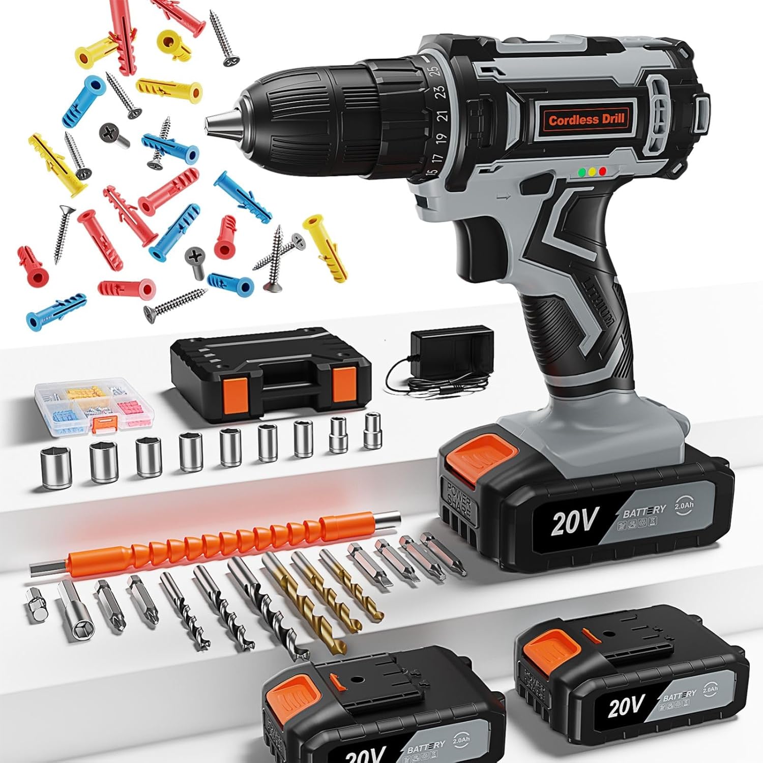 FAHEFANA Cordless Drill 20V, Battery Drill with 2 Batteries 2.0Ah, 42Nm Power El...
