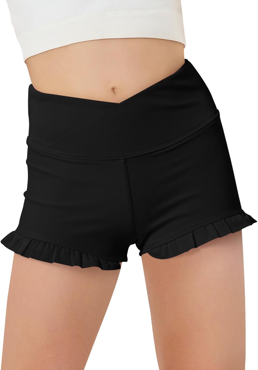 Haloumoning Girls Athletic Ruffle Shorts V Crossover High Waisted Yoga Dance Sho...
