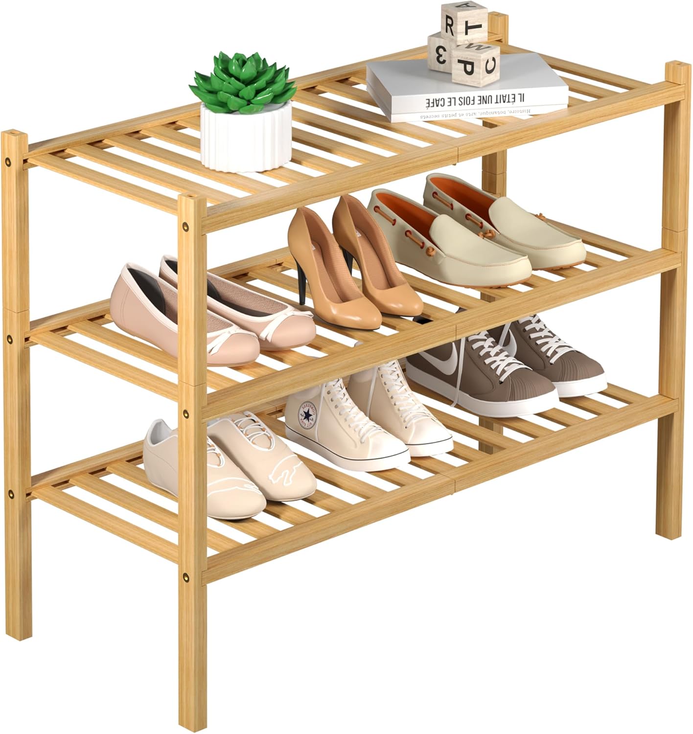 3 Tier Bamboo Shoe Rack for Closet Free Standing Wood Shoe Shelf Storage Organiz...