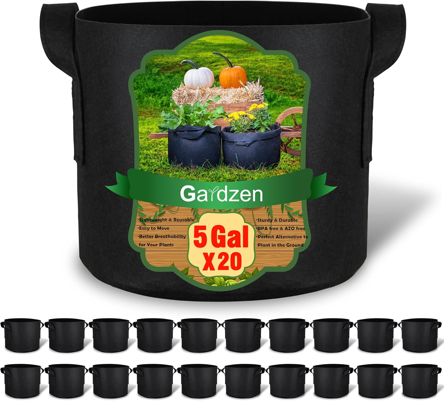 Gardzen 20-Pack 5 Gallon Grow Bags, Aeration Fabric Pots with Handles 5 Gallons...