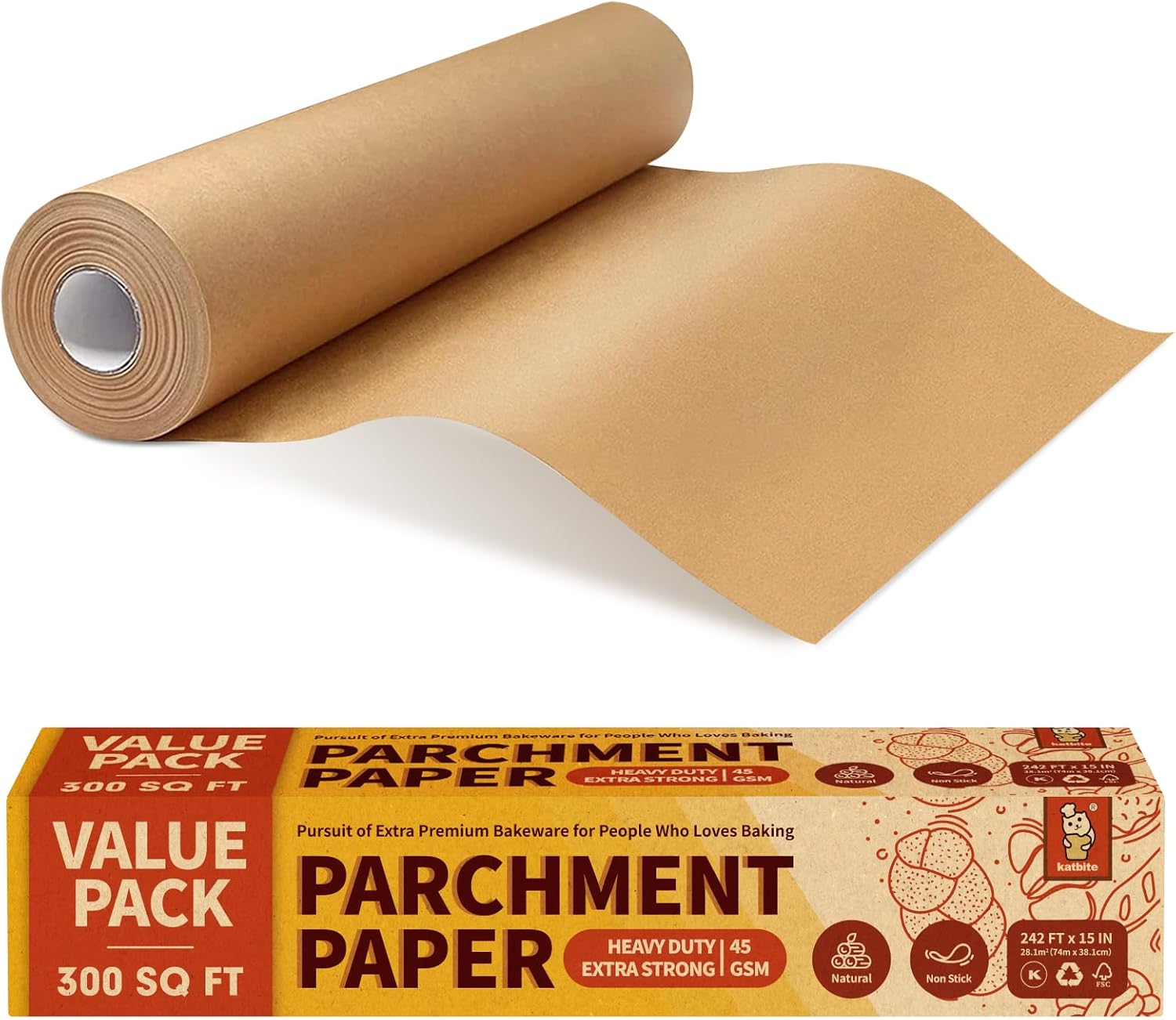Katbite Parchment Paper Heavy Duty Unbleached Baking Parchment Roll, 38CM x 74M,...