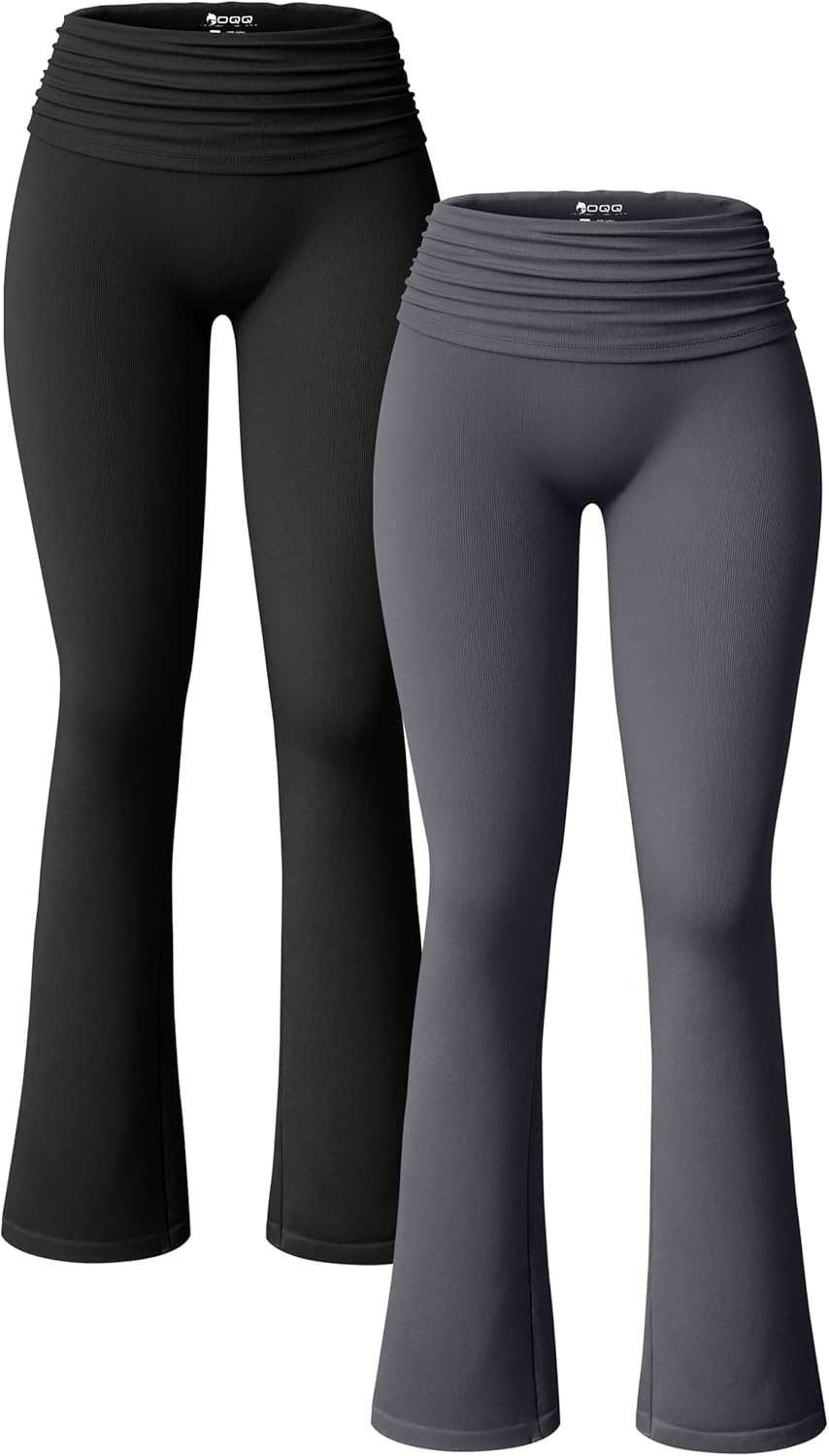 OQQ Women's 2 Piece Flared Pants Ribbed Fold Over Kick Ruched Stretch High Waist...
