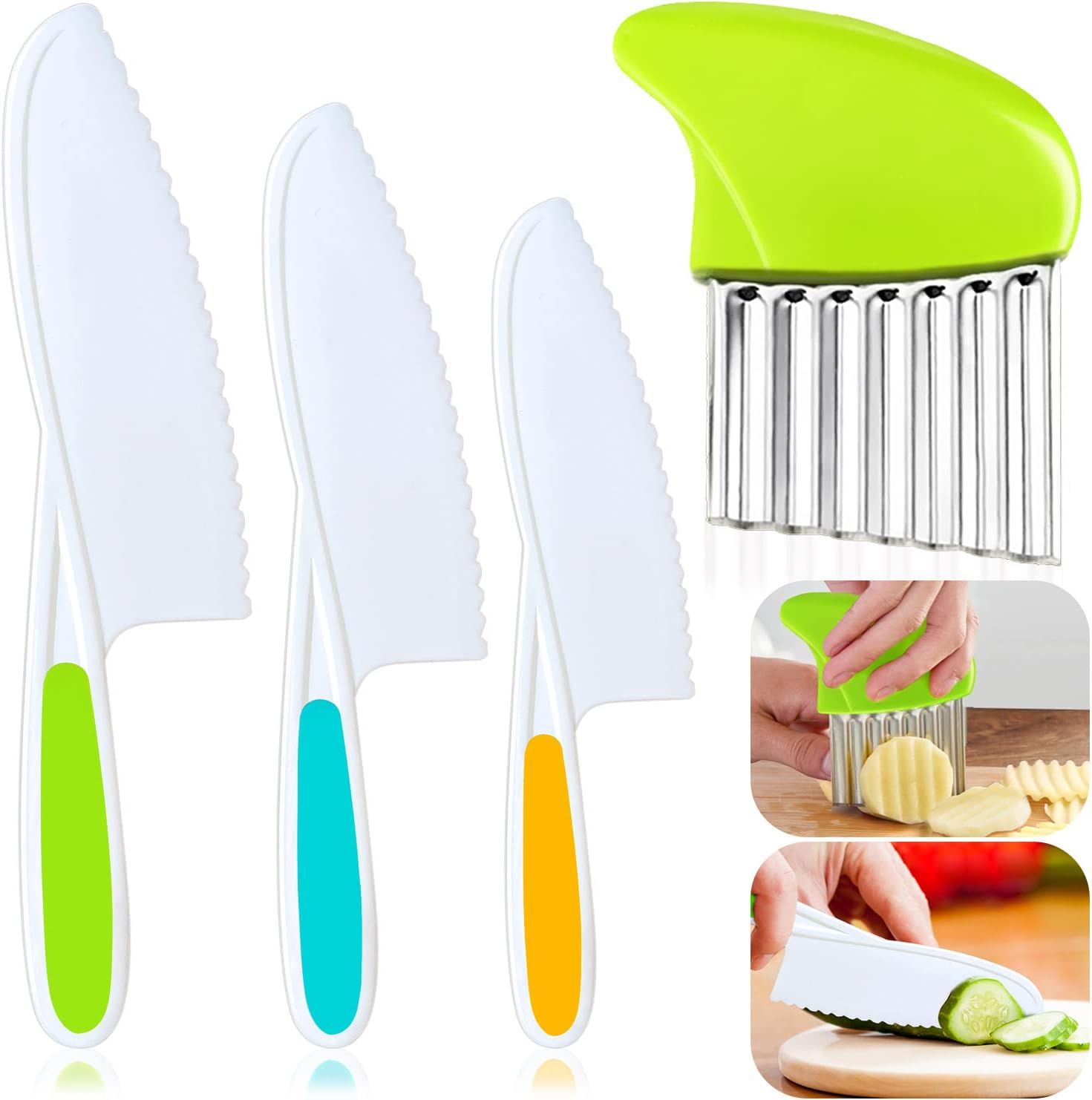 4 Pcs Kids Knife Set, Nylon Kitchen Knife with Crinkle Cutter, Serrated Edges Pl...