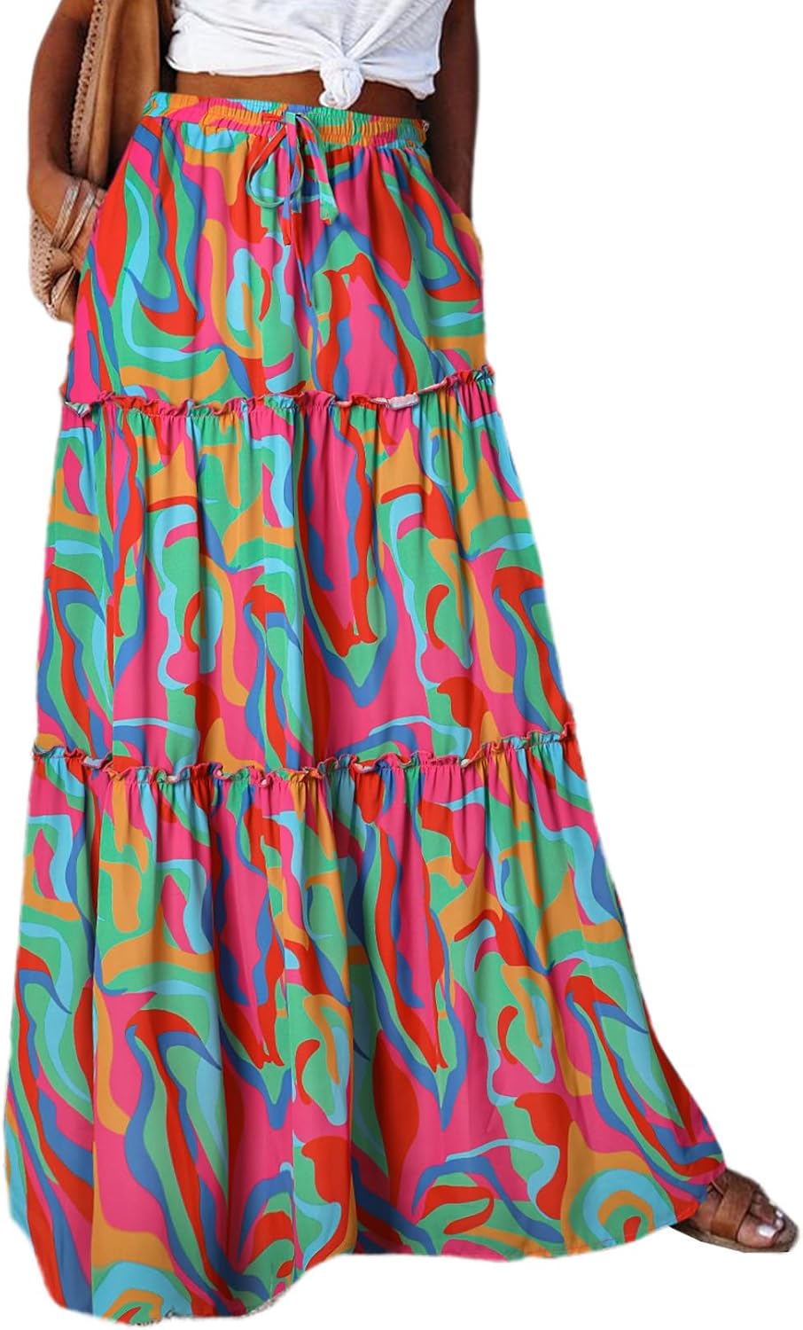 Happy Sailed Womens Floral Print Boho Maxi Skirt Elastic High Waist Pleated Ruff...