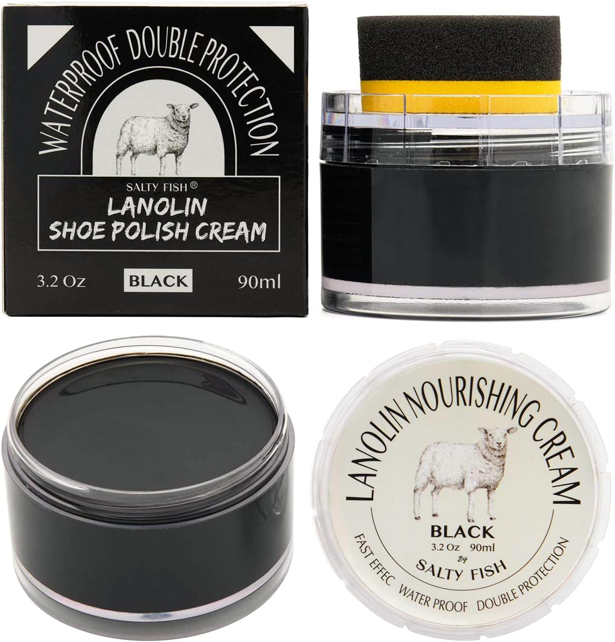SALTY FISH Shoe Polish Cream 3.2Oz, Lanolin Shoe Polish Kit with Shoe Shine Spon...