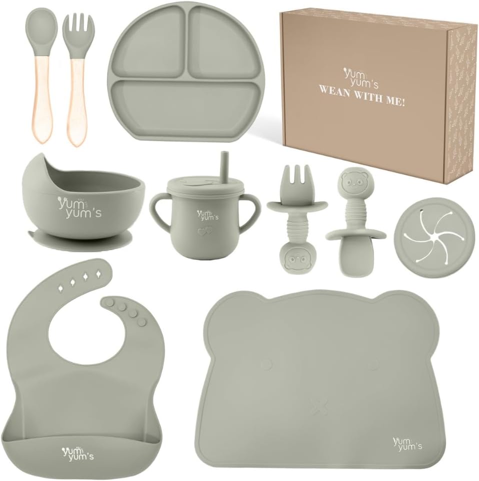 Yum Yum's Baby 10 Pcs Grey Weaning Set - Complete Toddler Feeding Kit w/Sectione...