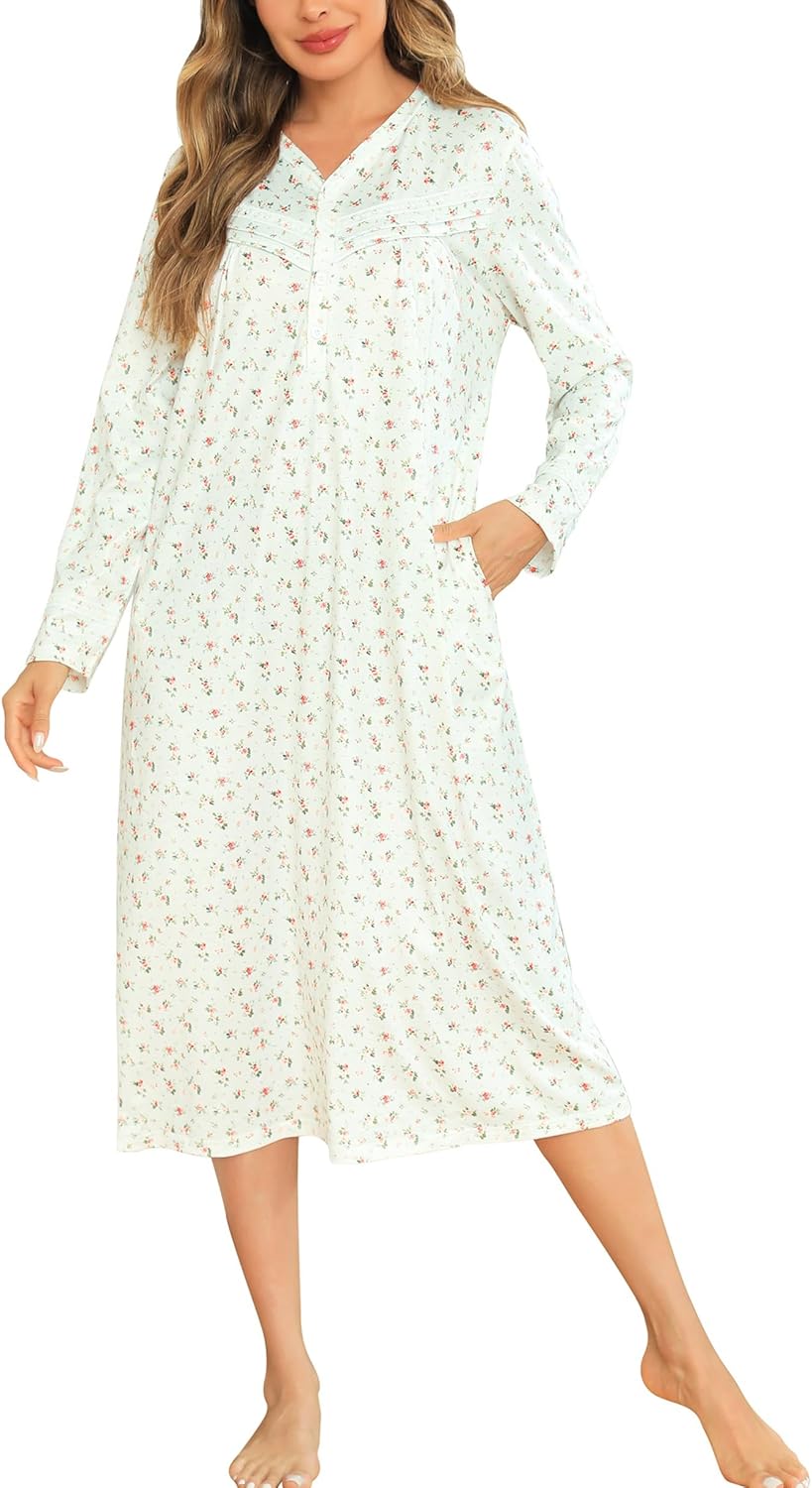 Vlazom Women's Long Nightgowns V Neck Button Down Sleep Shirt Soft Nightdress Sl...