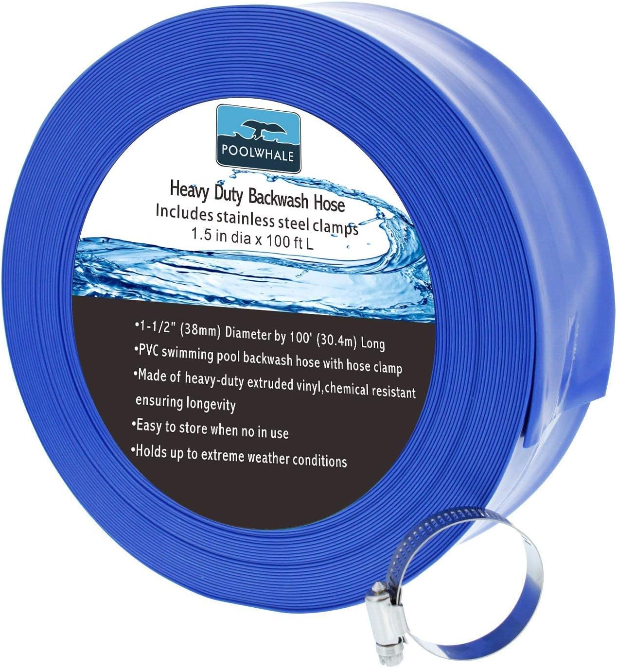 POOLWHALE 1-1/2" x 100' Economy Blue Backwash Hose with Clamps, General Purpose...