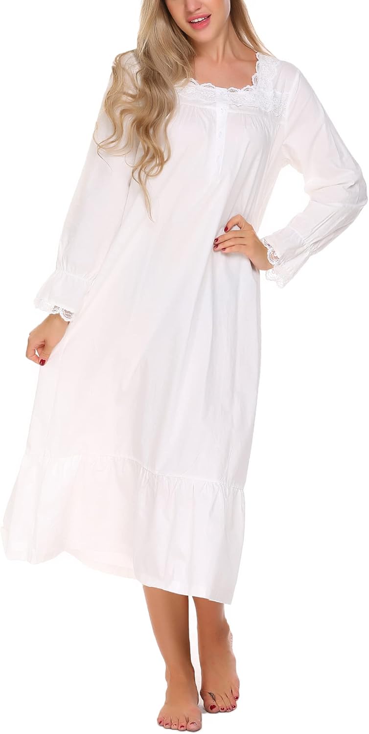 Ekouaer Victorian Nightgown 100% Cotton Long Sleeve Vintage Old Fashioned Gown f...