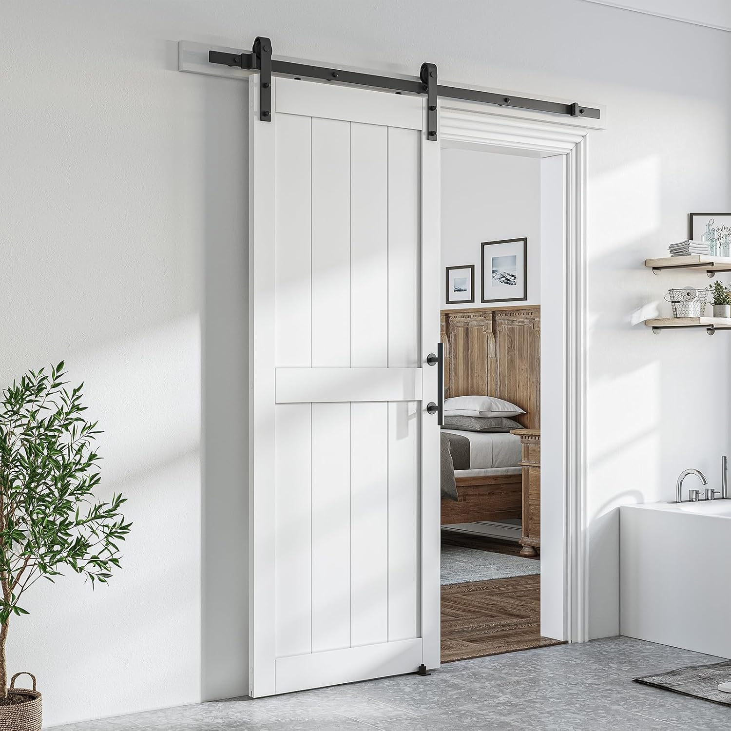 SmartStandard 32 x 84 inch White Sliding MDF Barn Door with 6FT Black Sliding Do...