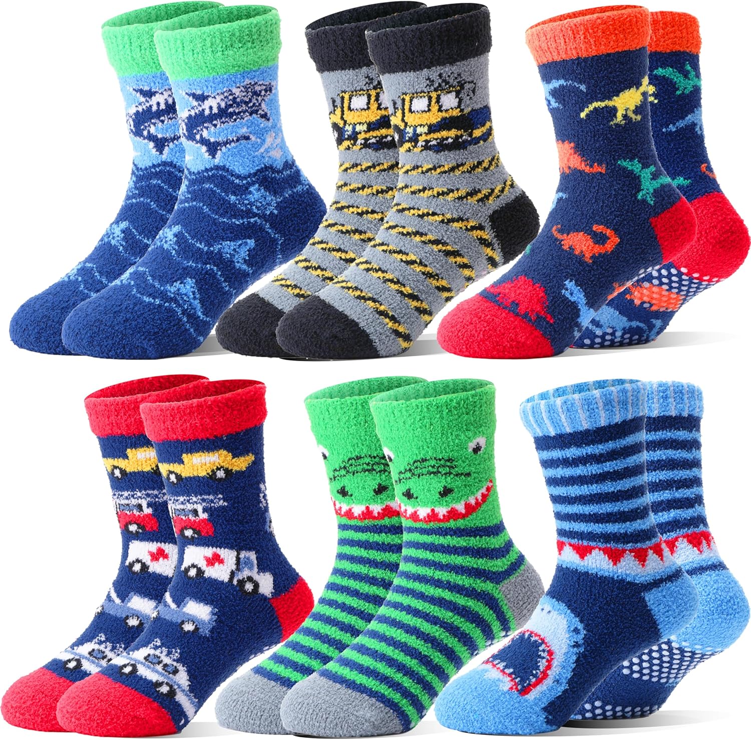 Kids Boys Toddlers Fuzzy Slipper Socks with Grips Non Slip Warm Fluffy Winter Th...