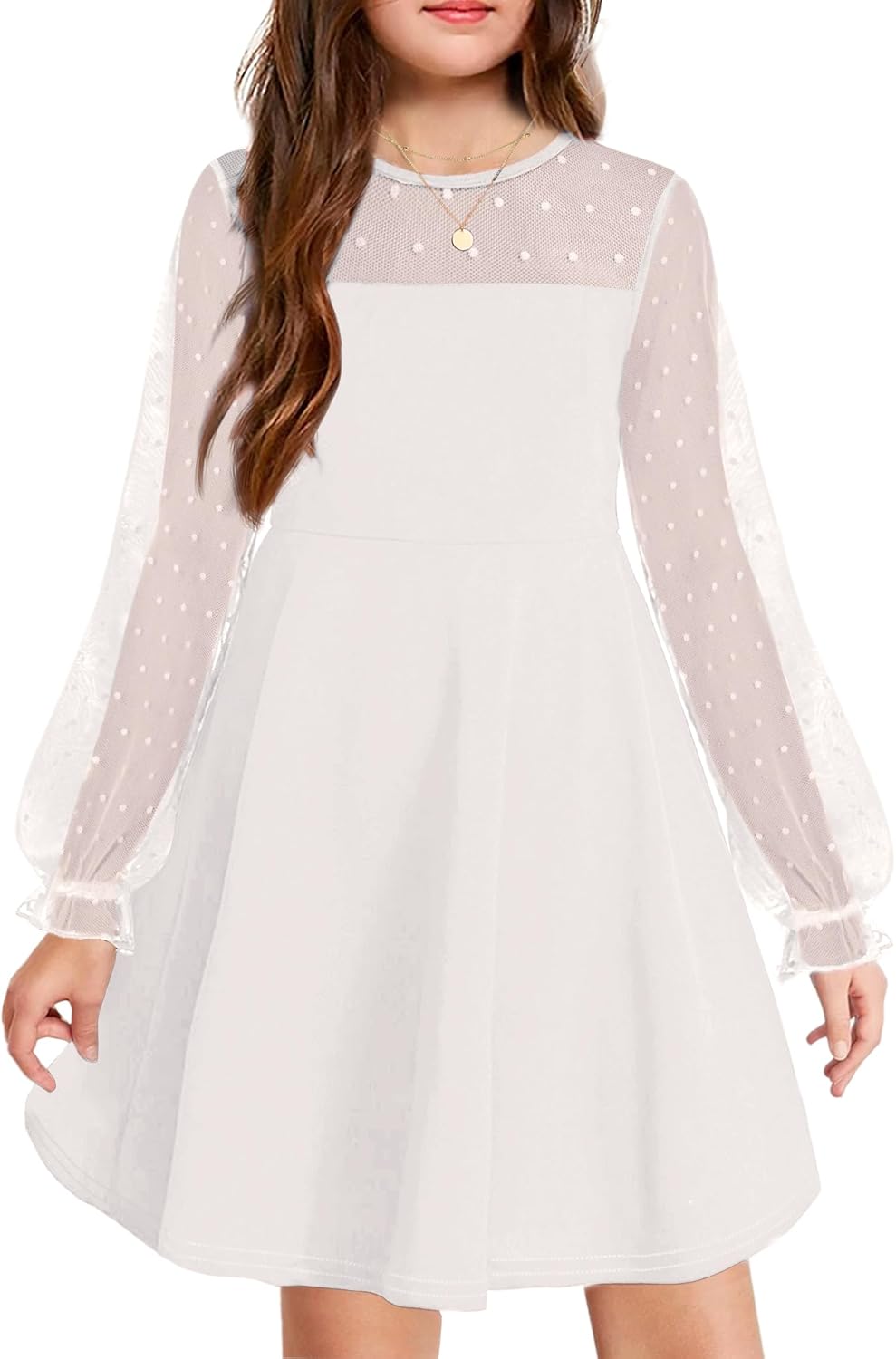 Arshiner Girl's Contrast Mesh Puff Long Sleeve High Waist A Line Princess Skater...