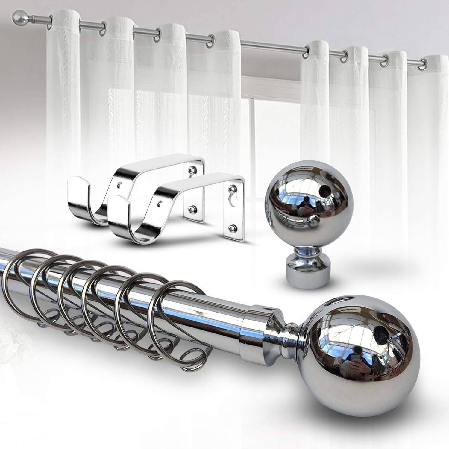 Imperial Rooms Plain Metal Ball Curtain Poles Metal Extendable - Includes Chrome...